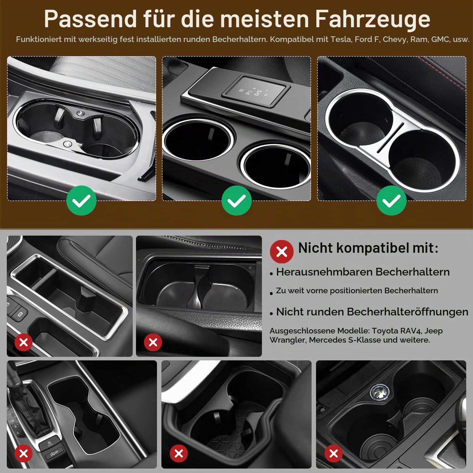 360° drehbarer Autolaptoptisch mit Getränkehalter, Holz Laptophalterung für Fahrzeuginnenraum, multifunktionaler Autotisch und Ablagetablett, passend für Tesla, Ford sowie die meisten gängigen Automod