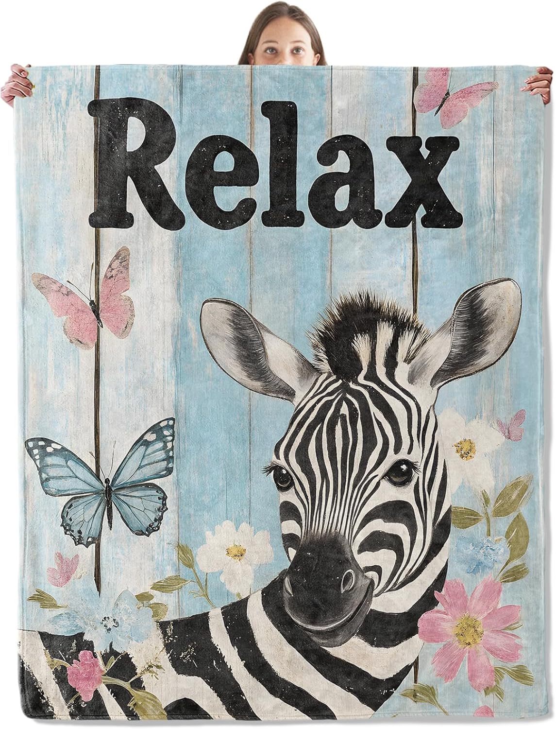 Relax Zebra Blanket, Cozy Plush Cute Zebra with Butterflies Flowers Throw Blanket for Couch Bedroom Outdoor, Lightweight Soft Flannel Travel Blankets, Gifts for Women Kids, Warm Decor 50"×60"