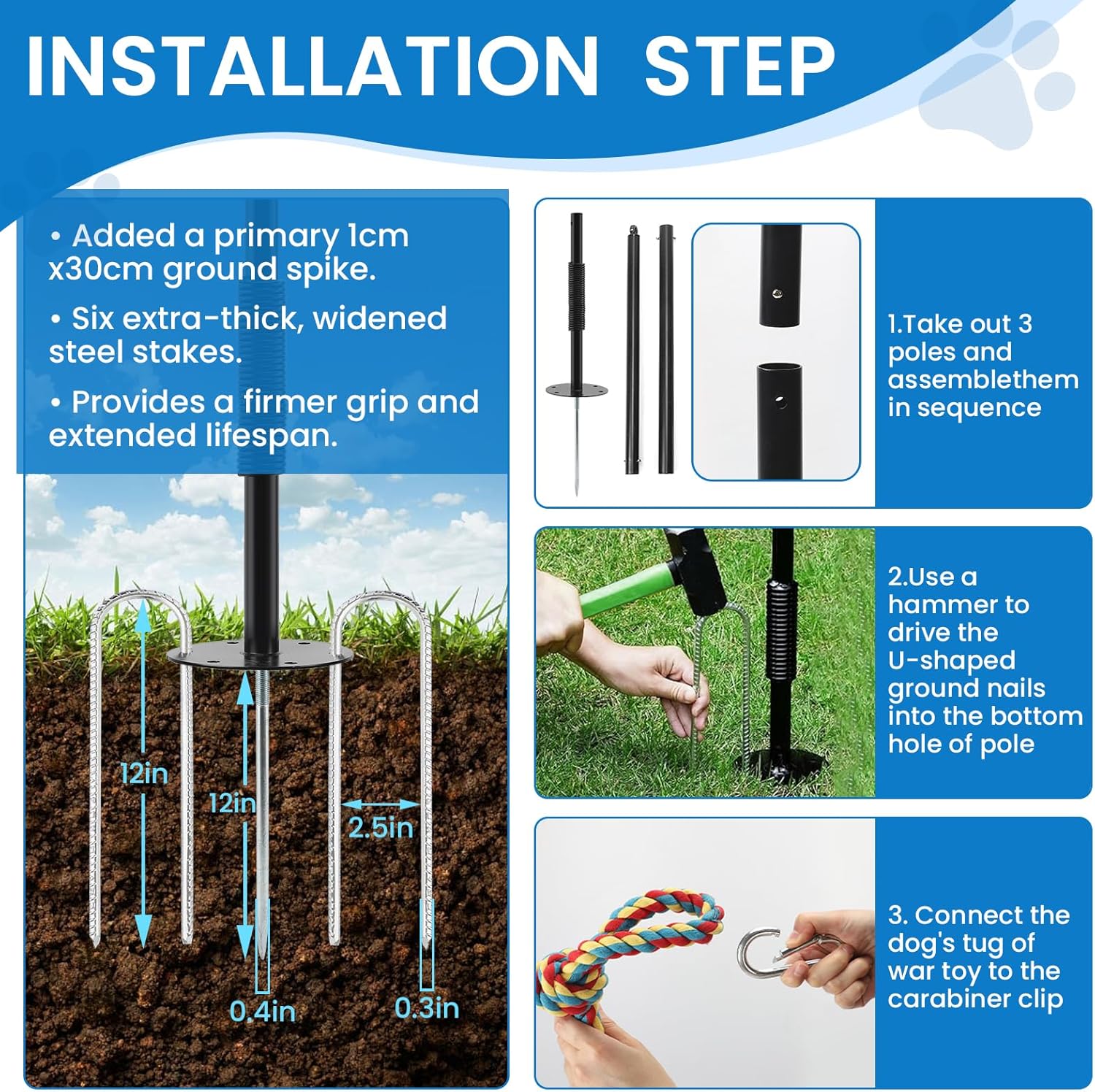 Tether Tug Outdoor Dog Toy - Interactive Tug of War Exercise Game for Yard & Park - Upgraded Metal Stake & Durable Bungee Rope Toy for Large, Medium, Small Dogs & Puppies - Solo Play Enrichment