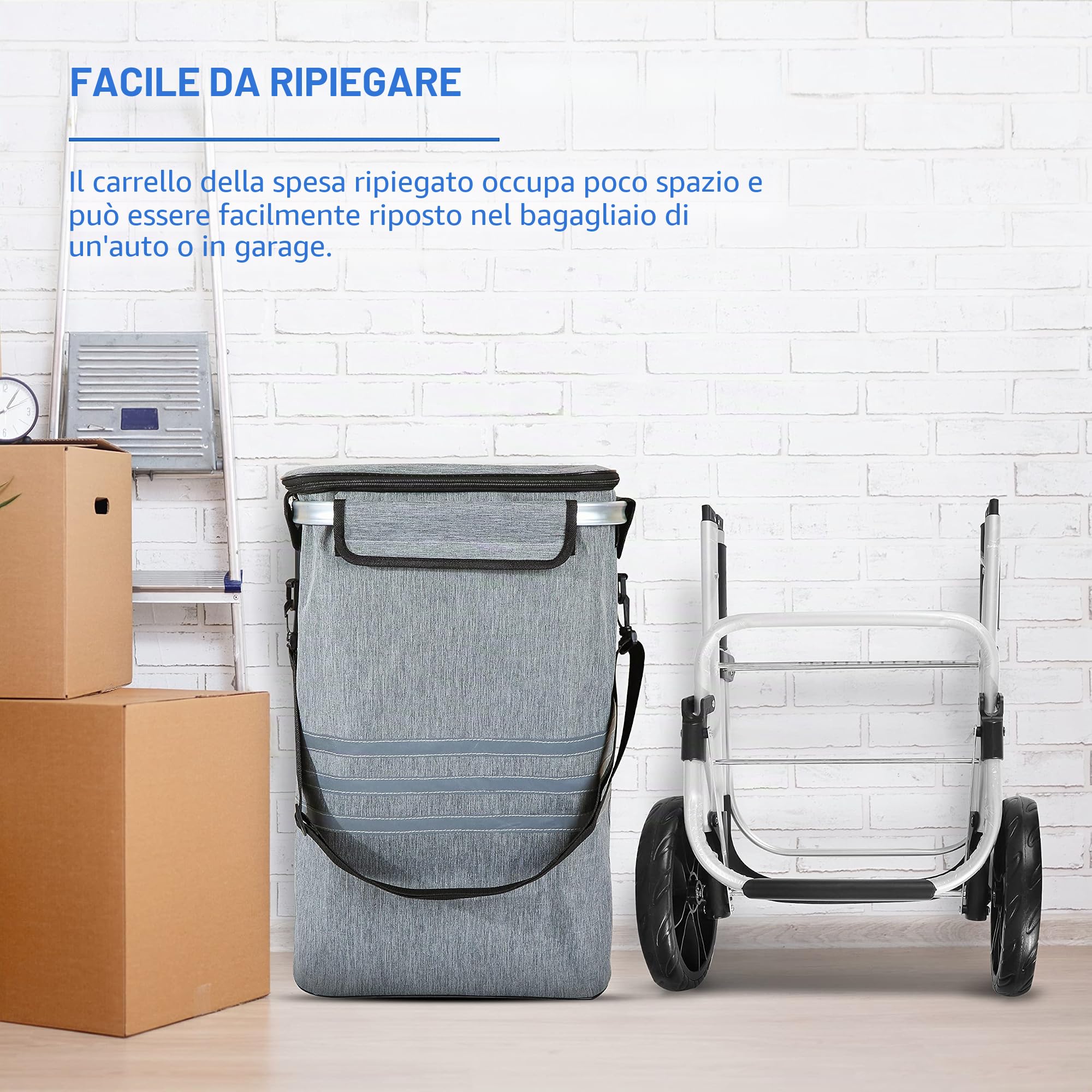Ribelli Trolley per la spesa, telaio in alluminio, pieghevole, tasche laterali, grande tasca con cerniera e borsa per il ghiaccio, utilizzabile come borsa per il trasporto, fino a 45 kg