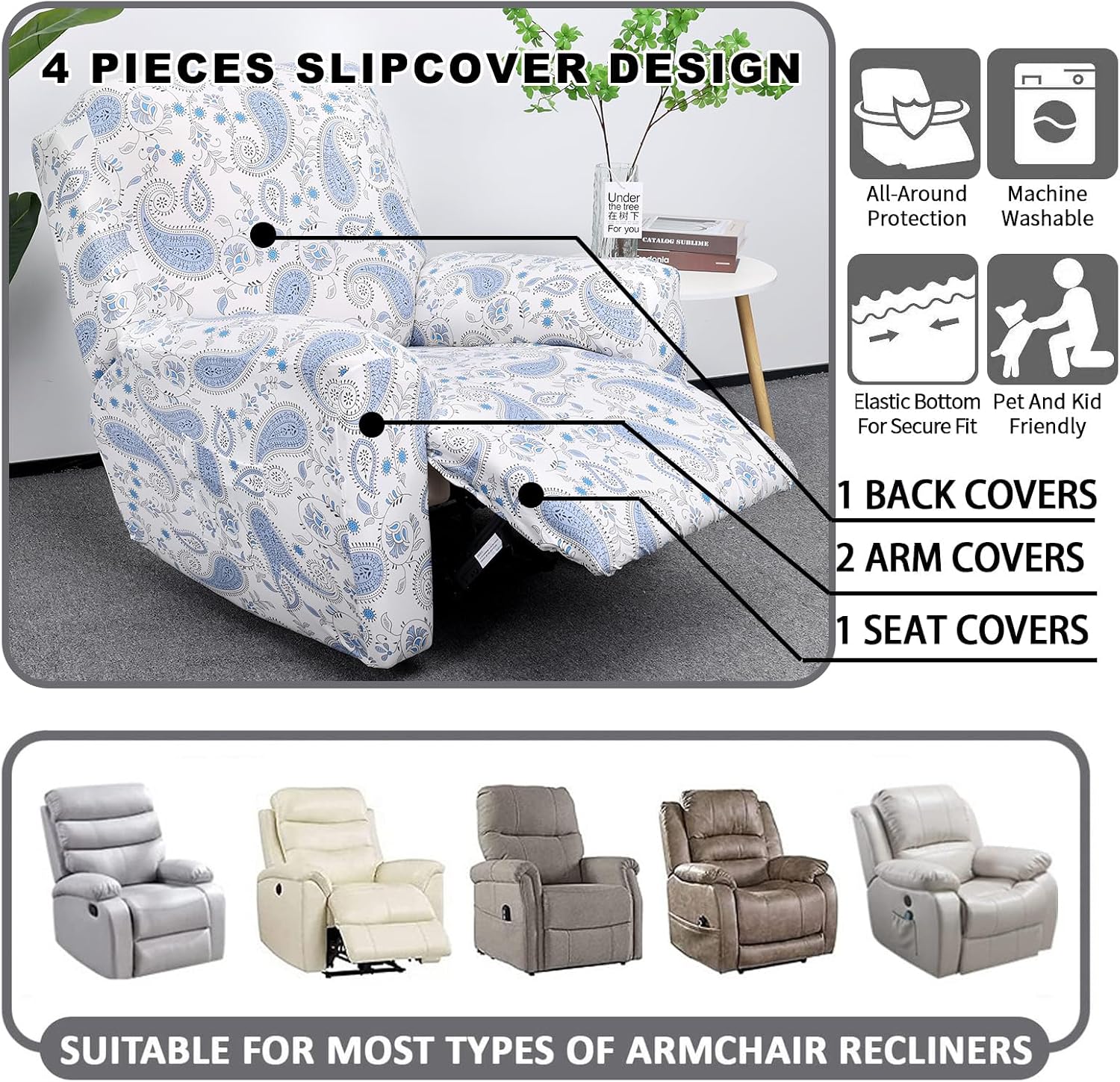 CRFATOP Stretch Recliner Cover 4-Pieces 1 Seat Recliner Chair Slipcovers Printed Fallon Collection Slipcover Recliner Lazy Boy Furniture Protector for Living Room,10