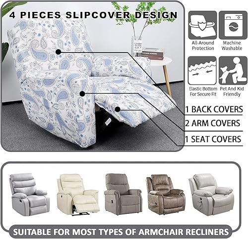 Miniatura 4 de CRFATOP Funda elástica para sillón reclinable, 4 piezas, 1 asiento, funda estampada Fallon Collection para sillón reclinable, protector de muebles