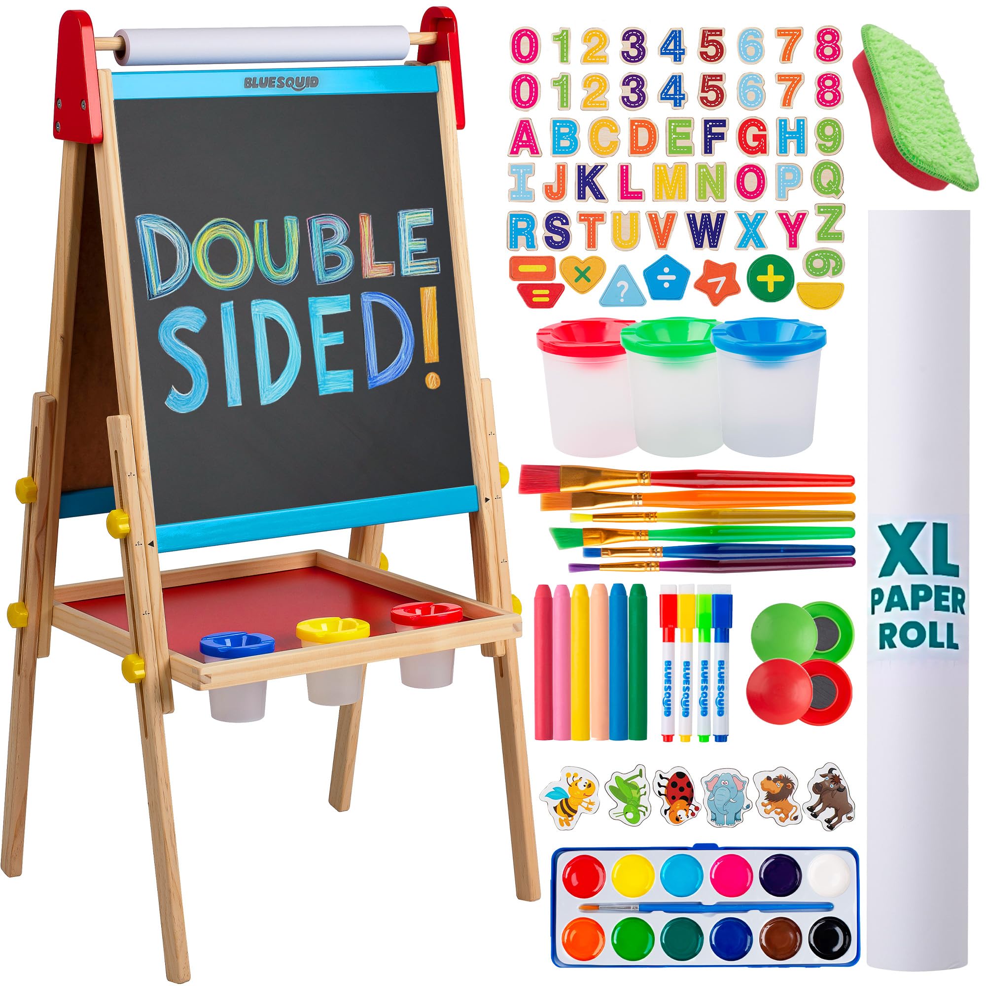 Blue Squid Art Easel for Kids - Dual-Sided Adjustable Wooden Painting Easels, Gift for Toddlers and Kid - with Magnetic Chalk Board, White Board & Paper Roll, (Multicolor +100 Accessories, Premium)