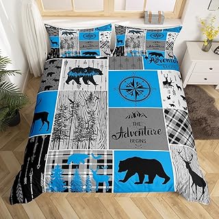 Hunting Deer Bear Comforter Cover For Boys, Retro Rustic Farmhouse Duvet Cover Cabin Lodge Decor, Vintage Woodland Animal Bedding Set Queen, Adventure Camping Patchwork Quilt Cover, 2 Pillow Cases