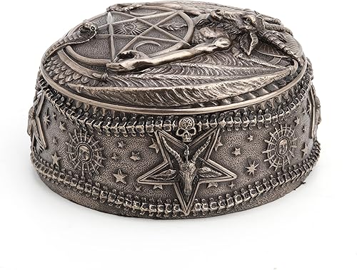Miniatura 7 de Veronese Design 5 1/4 pulgadas Wiccan pentagram Baphomet Oval en forma de baratija caja de baratija Escultura de resina Acabado de bronce