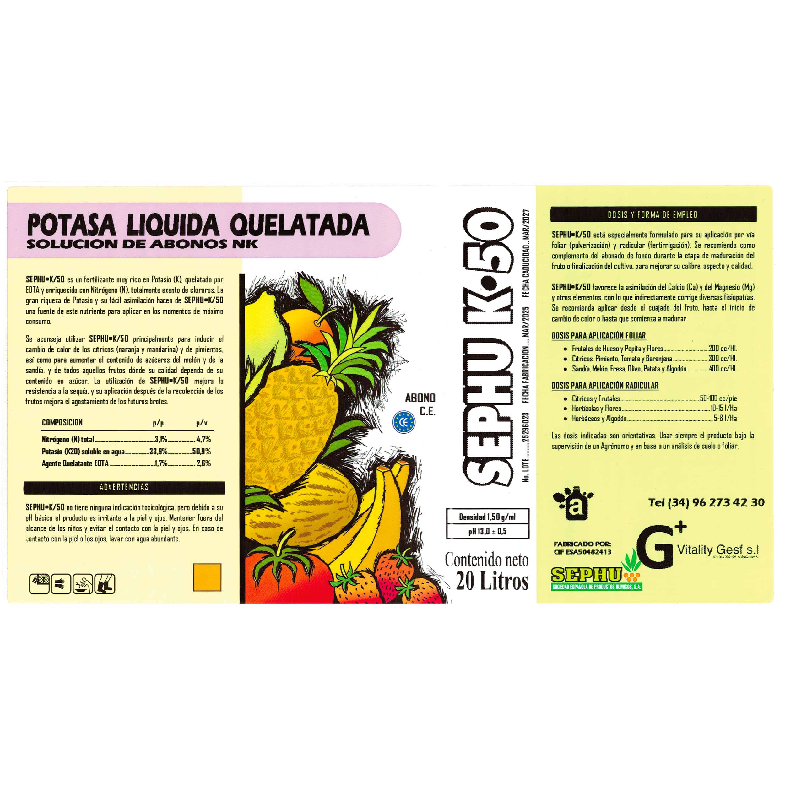 Potasa quelatada al 50% SEPHU-K/50, Es un Fertilizante de Potasio Quelatado Líquido con EDTA y Nitrógeno, Nutriente Agrícola para Olivos, Frutales y todo tipo de Cultivos. 20 Litros