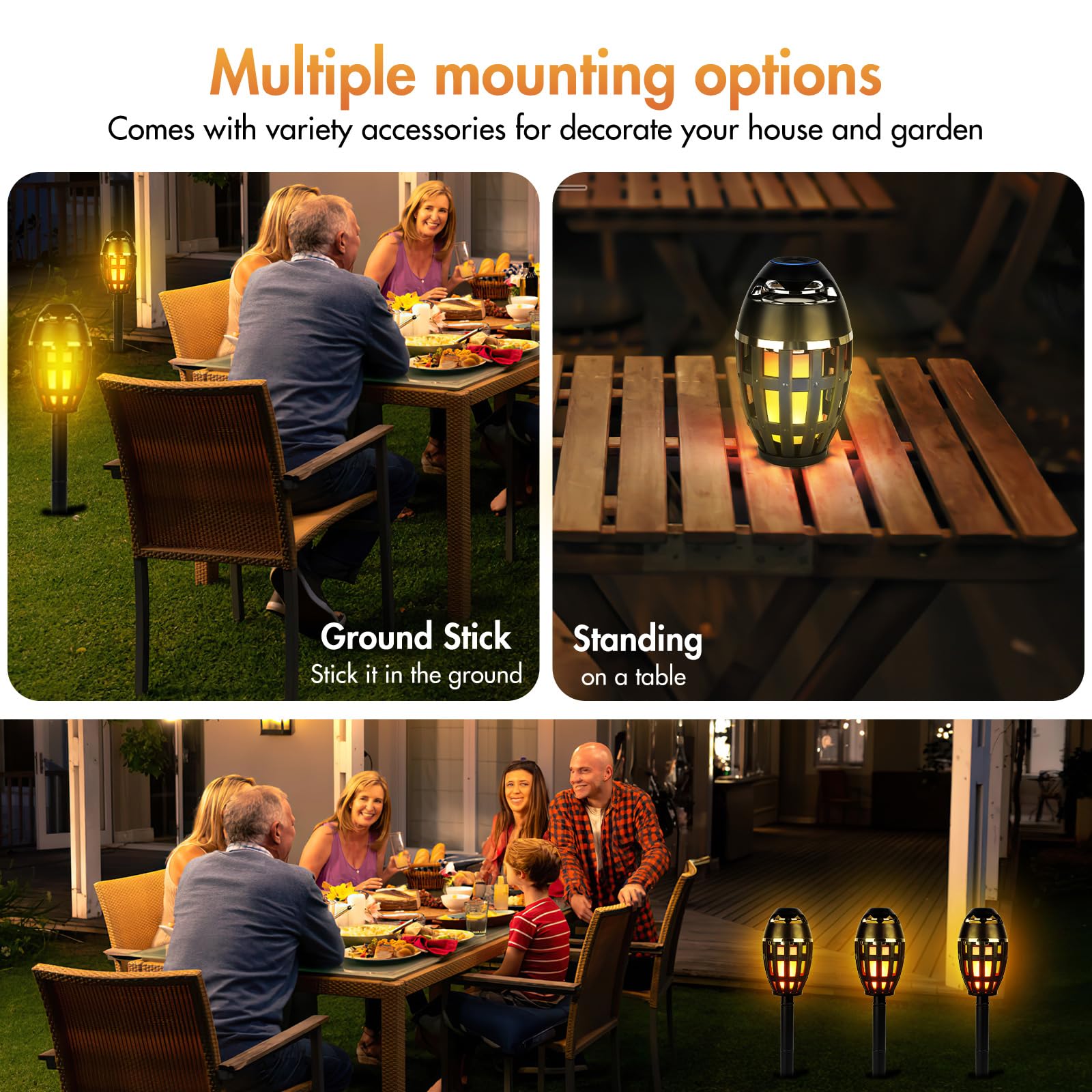 ALLOMN Altoparlante Bluetooth per esterni, con luce di fiamma, confezione da 2 altoparlanti a LED per esterni, Bluetooth, impermeabile, senza fili, per veranda, giardino, cortile