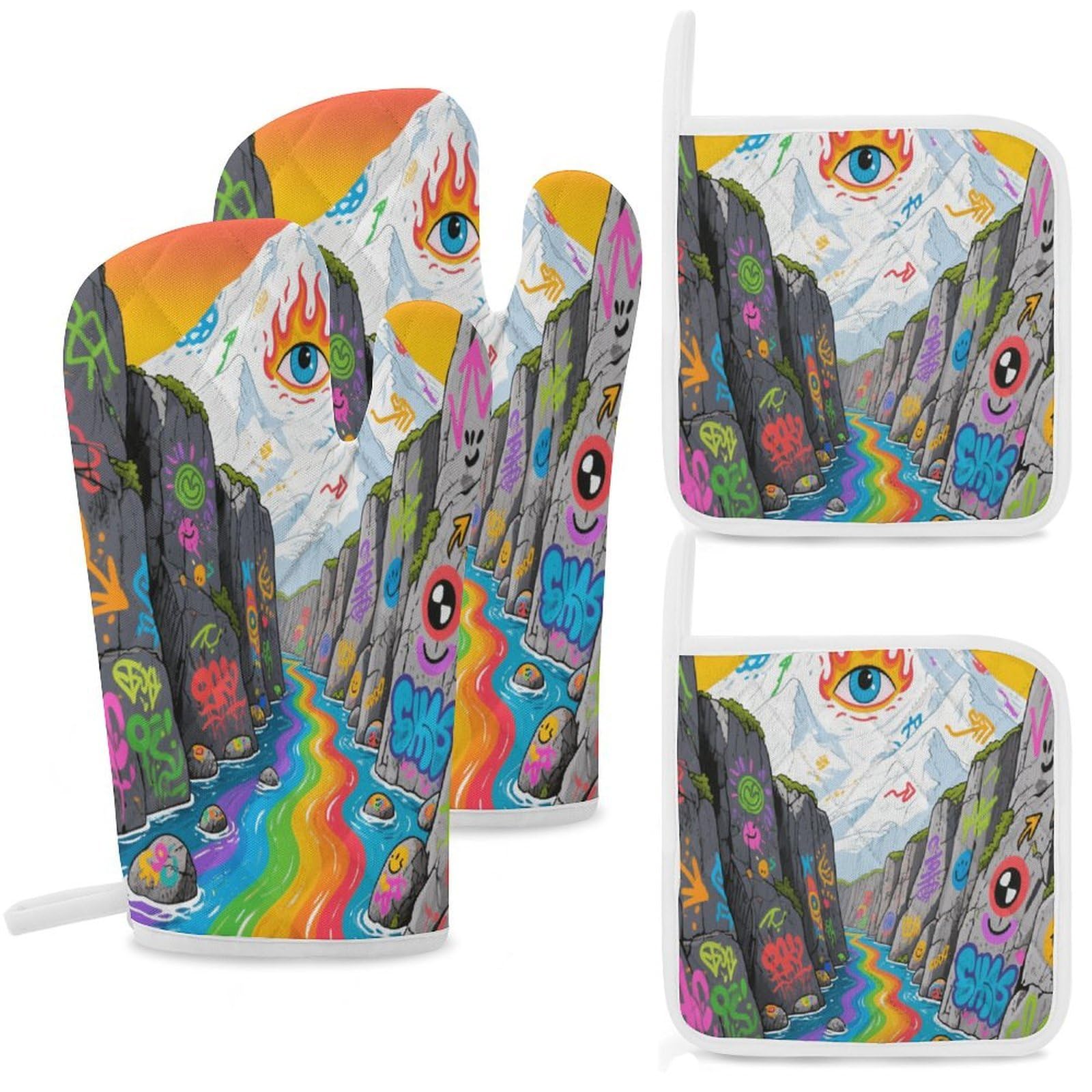 Fekiloot Style Graffiti Snow Mountain Valley Oven Mitts And Pot Holders 4-Piece Set, Kitchen Oven Glove With Hanging Loop, Bbq Gloves For Cooking Baking Grilling