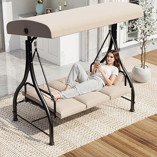 Miniatura 1 de U-MAX Silla columpio para porche con respaldo y toldo ajustables, columpio de patio de 3 asientos con dosel, columpio convertible 2 en 1 para