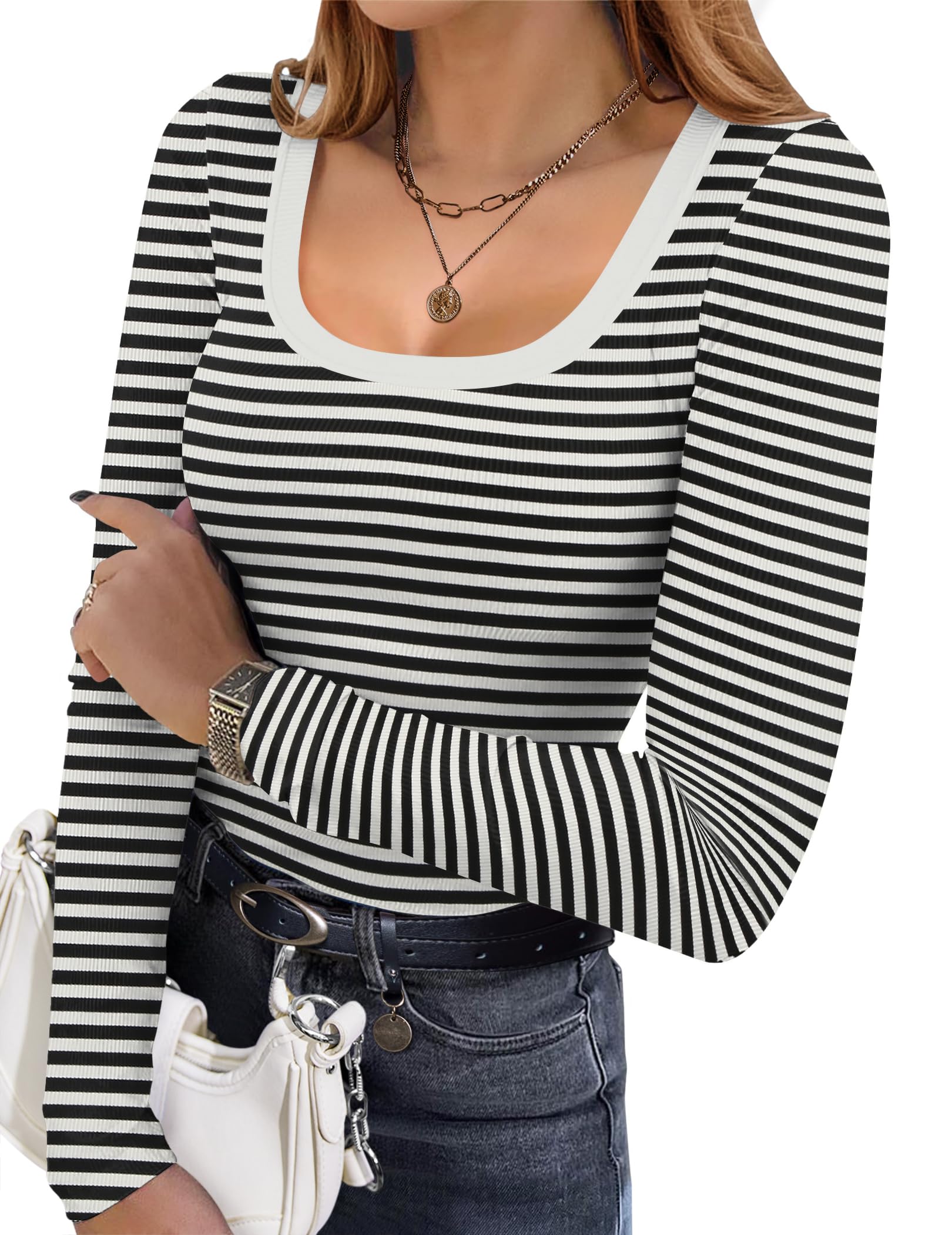 Ekouaer Womens Long Sleeve Shirts Square Neck Slim Fit Basic Tops Ribbed Thermal Undershirts Layering Tee