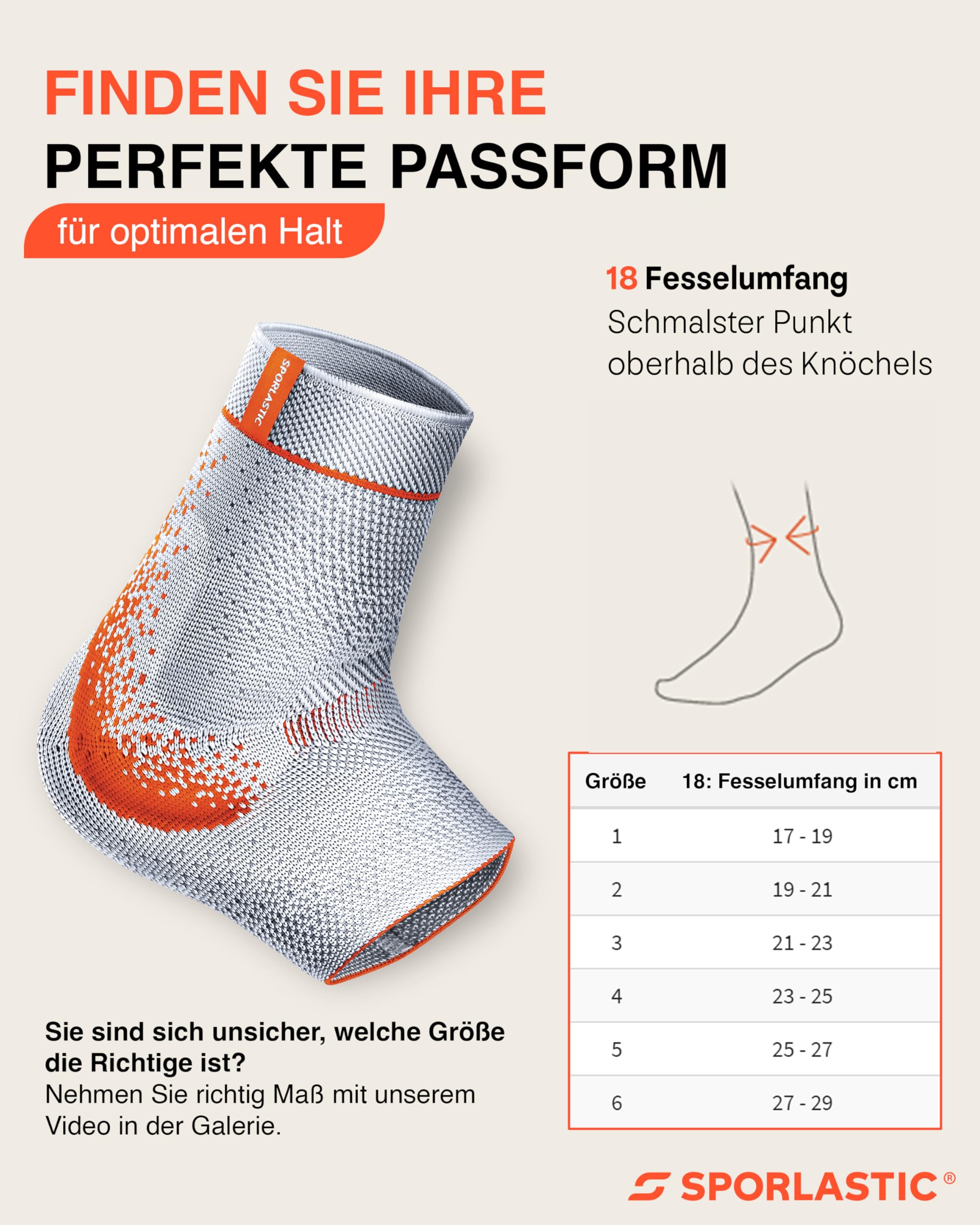 SPORLASTIC Sprunggelenkbandage MALLEO-HiT SUPREME, Platinum/Orange, Gr. 3 | Für rechts & links, Knöchelbandage, Gel-Pelotten, Kompression, Sport & Reha, atmungsaktiv, ergonomisch