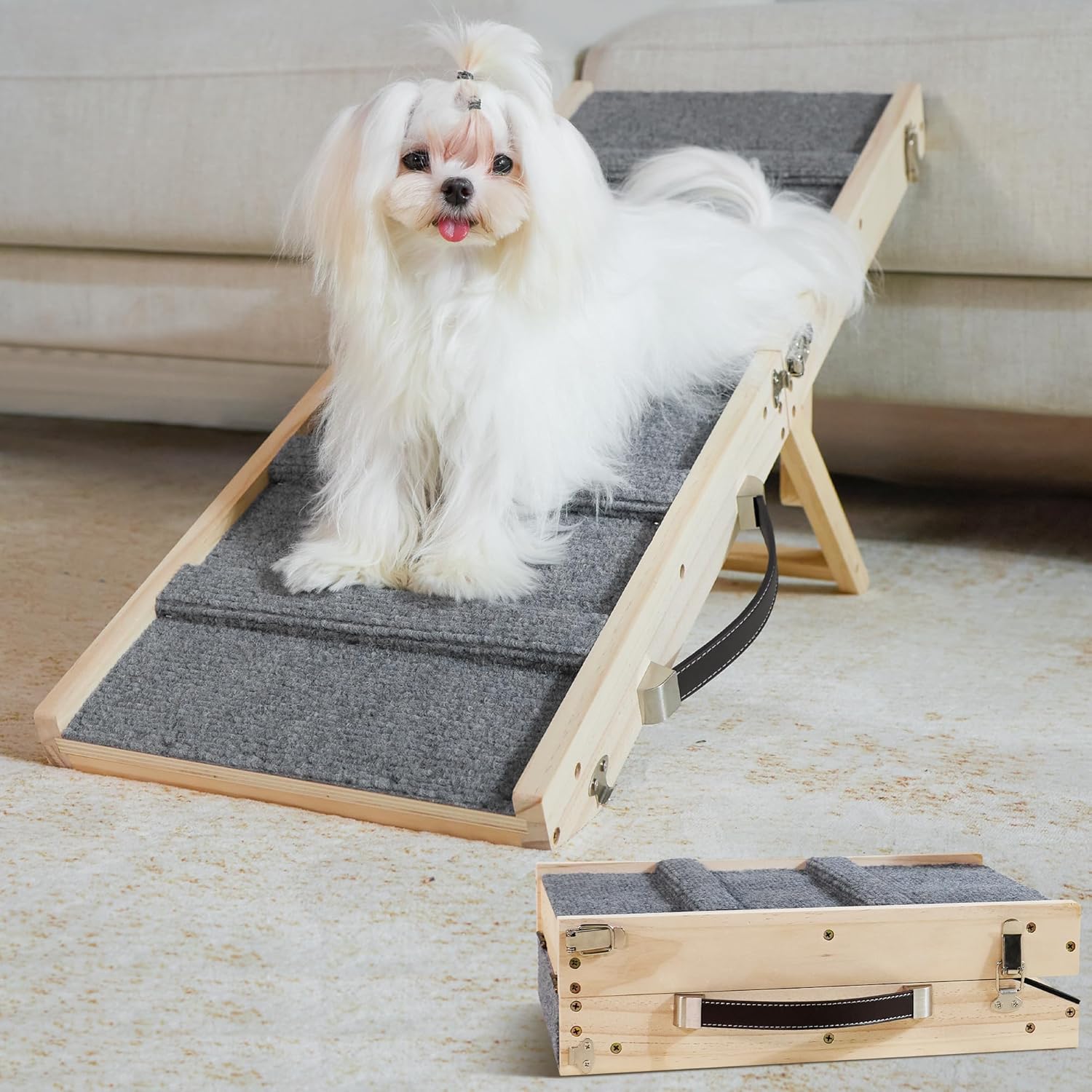 Dog Ramp Dog Stairs for Small Dogs Foldable Dog Ramp with 4 Adjustable Heights from 7.48” to 15.35″ Wood Pet Ramp with Non Slip Carpet Portable Puppy Ramp for Couch, Sofa, Low Bed