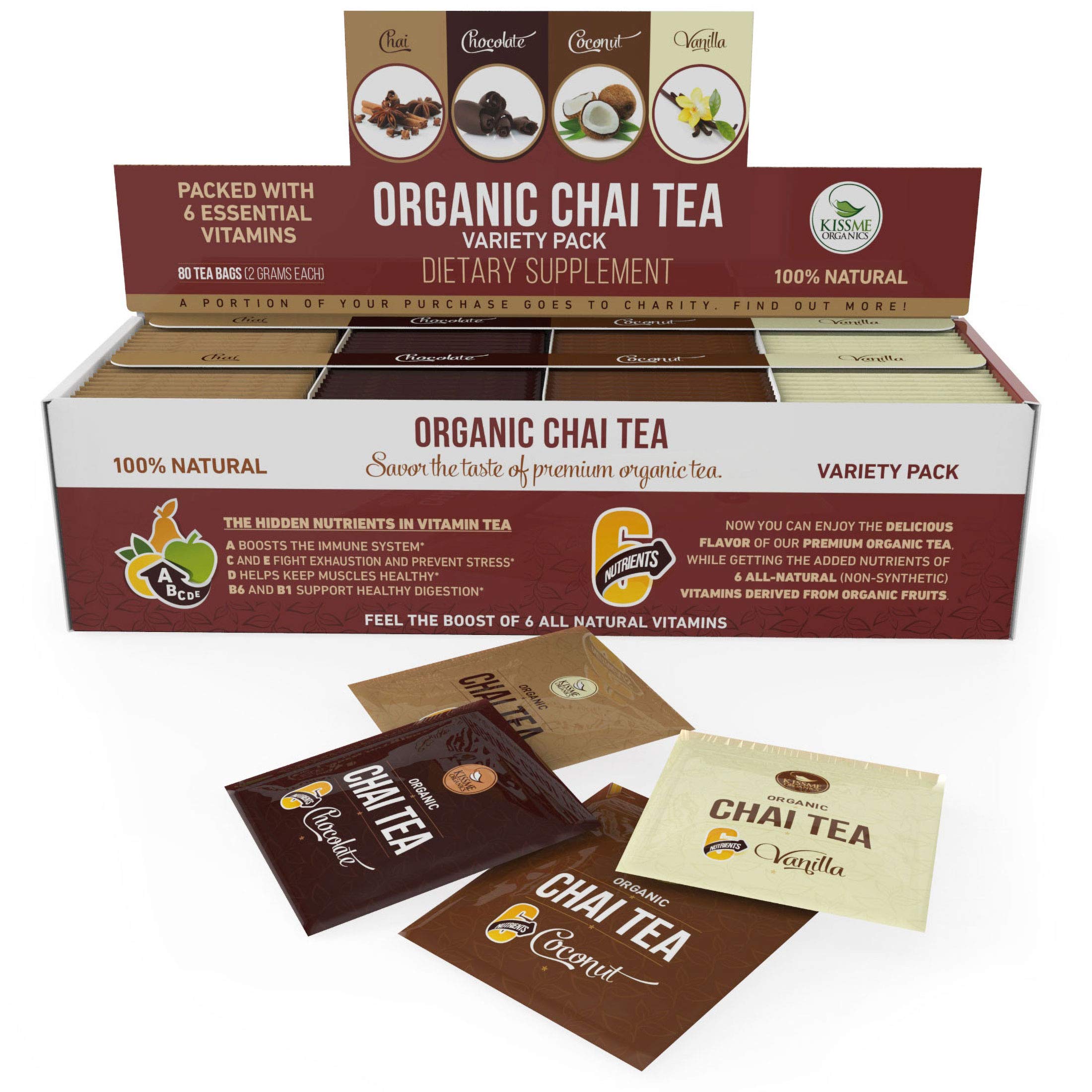  Chai Tea Variety Pack -  Chai Tea Sampler - 80 Tea Bags - 20 of Each Flavor (2 grams each) by Kiss Me s