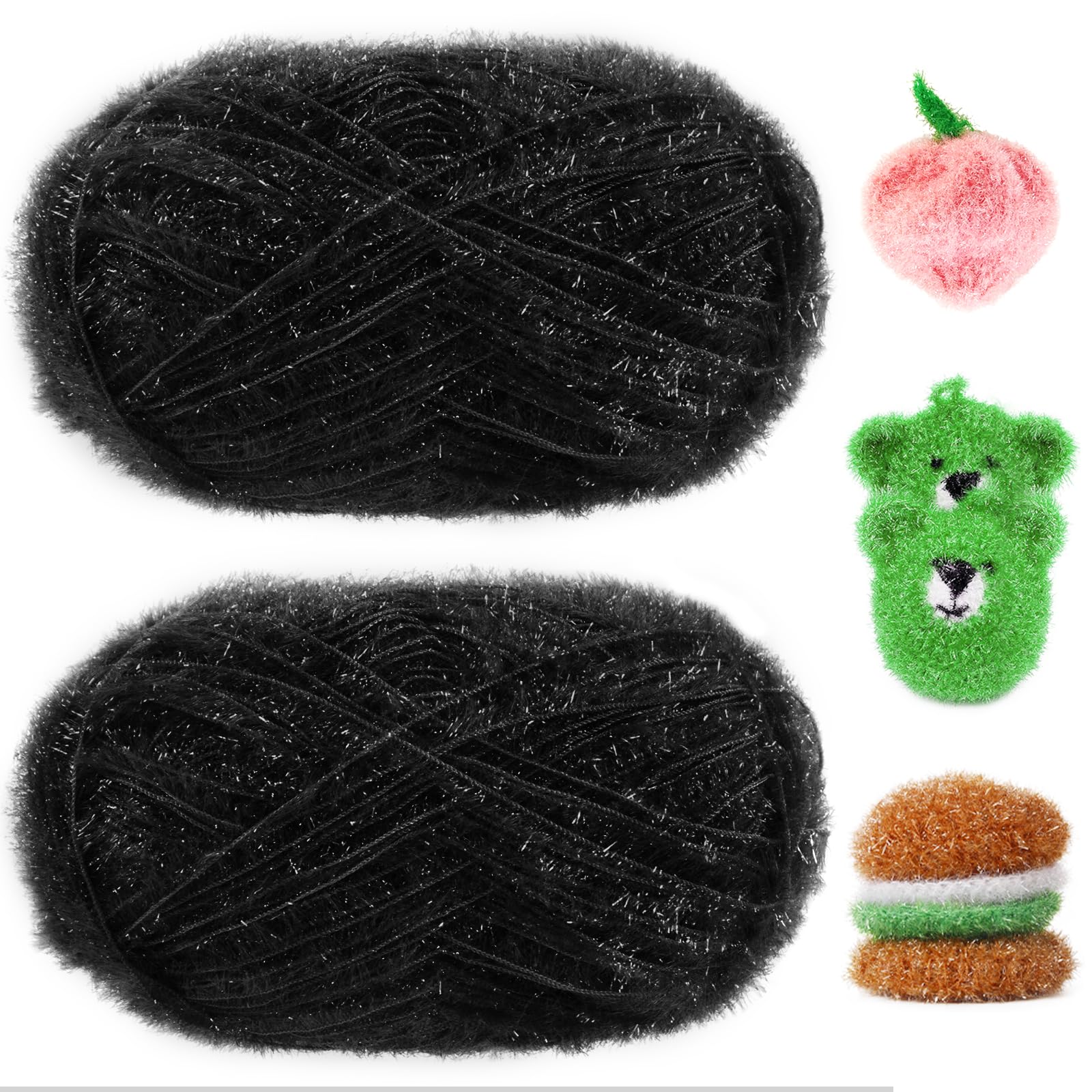 Uiopa Glitter Yarn for Crochet 2 Skeins (2 x 100g, 2 x 200m) Scrubby Yarn Fluffy Polyester Cord for Crocheting Knitting Dishcloths Washcloths Home Decor DIY Crafts (Black)