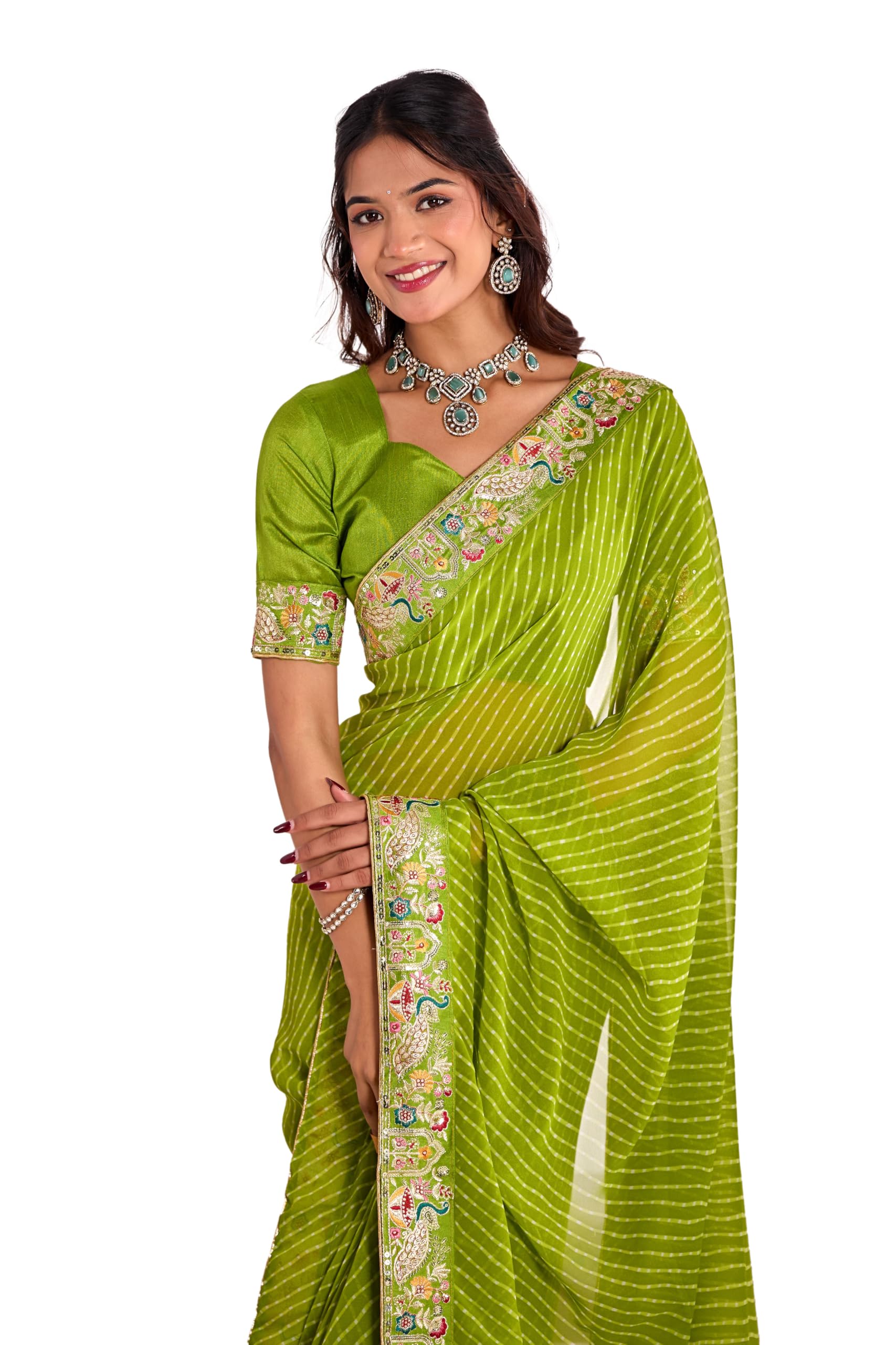 Women's Georgette Leheriya Printed Sequence Embroidery Lace Saree with Embroidery Unstitched Blouse Piece-image-44