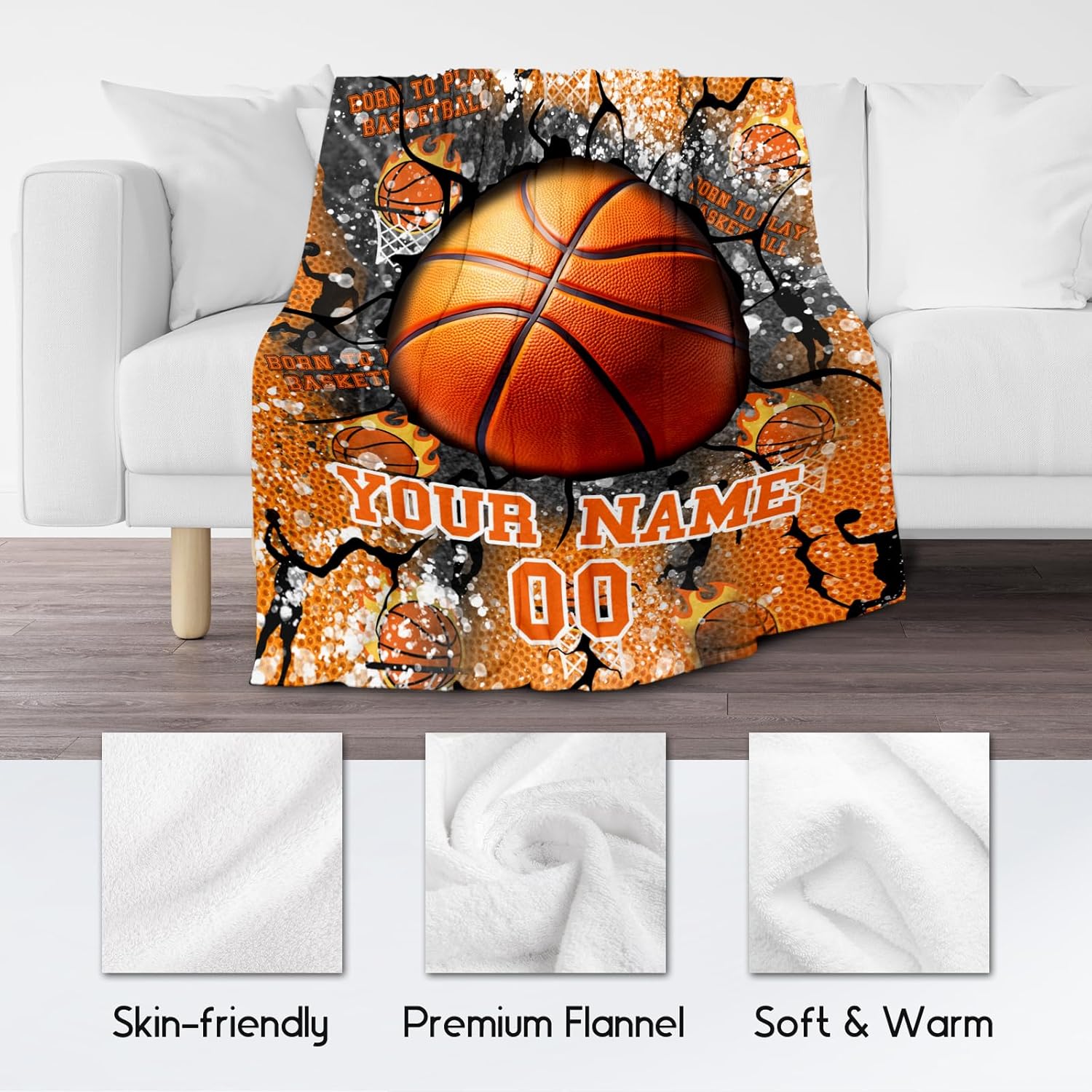 Custom Basketball Blanket - Personalized Name Gifts for Basketball Lovers - Soft, Fuzzy & Warm Sports Throws for Boys Girls - 40"x50" Flannel Blanket for Couch, Sofa