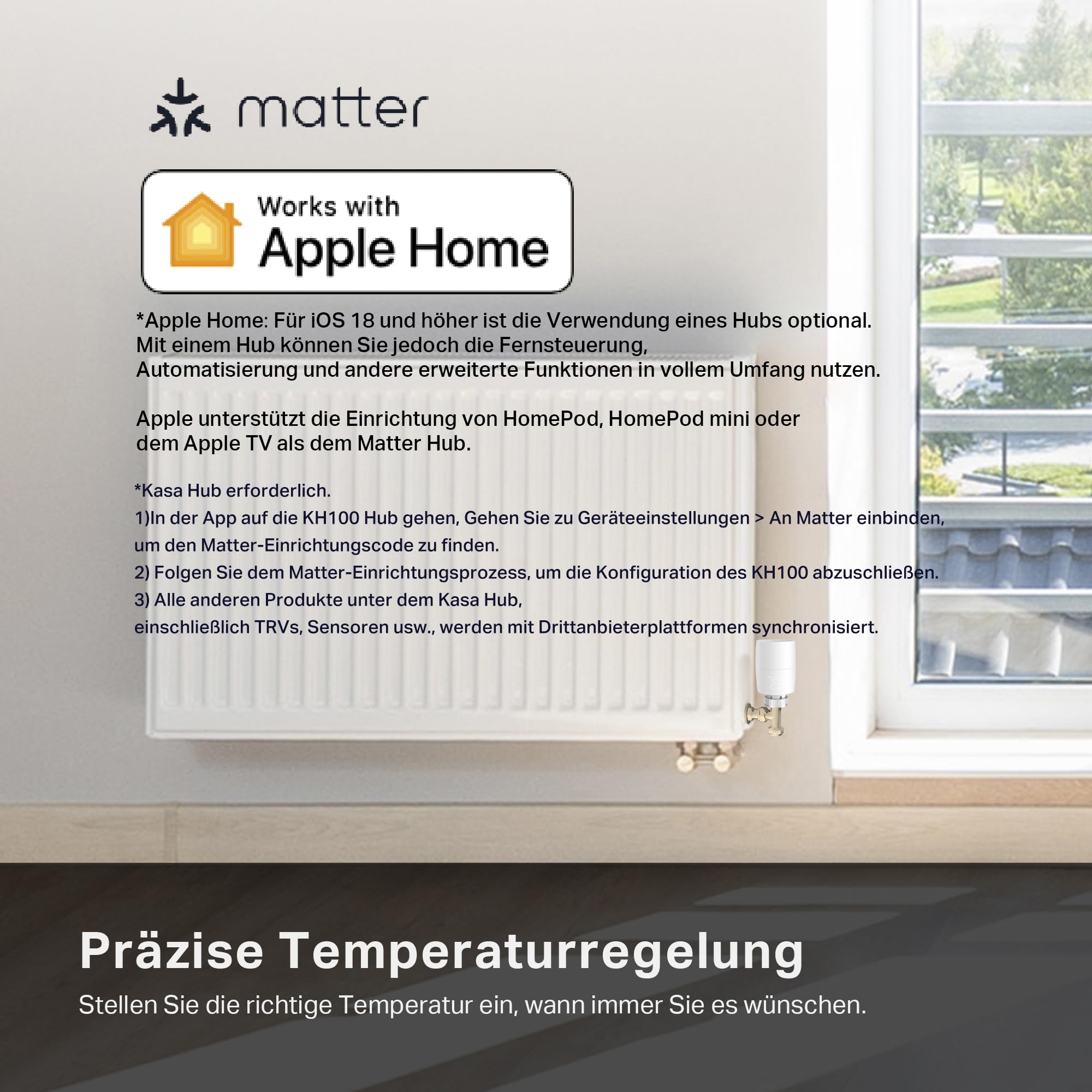 TP-Link smartes Heizkörperthermostat - Erweiterungseinheit, benötigt Kasa Hub, Heizungssteuerung (Kasa App, Zeitpläne, Geofencing, Fensteröffnungserkennung), Matter, Alexa, Apple Home