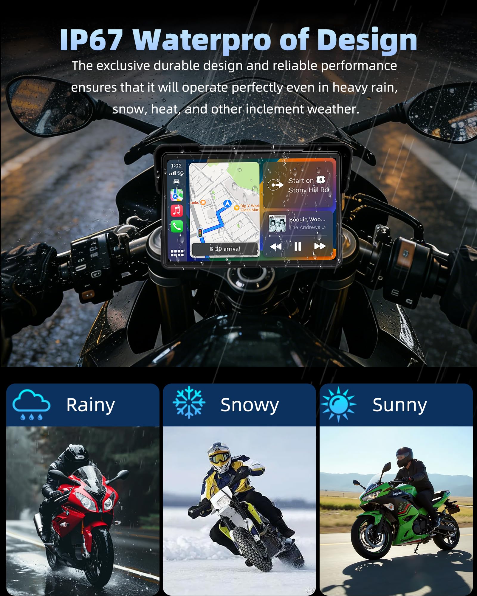 Jansite Carplay Moto Android Auto con TPMS, 7" GPS Moto Navegador Pantalla Táctil Resistente al Agua IP67 Bluetooth Siri y Asistente de Google - 4