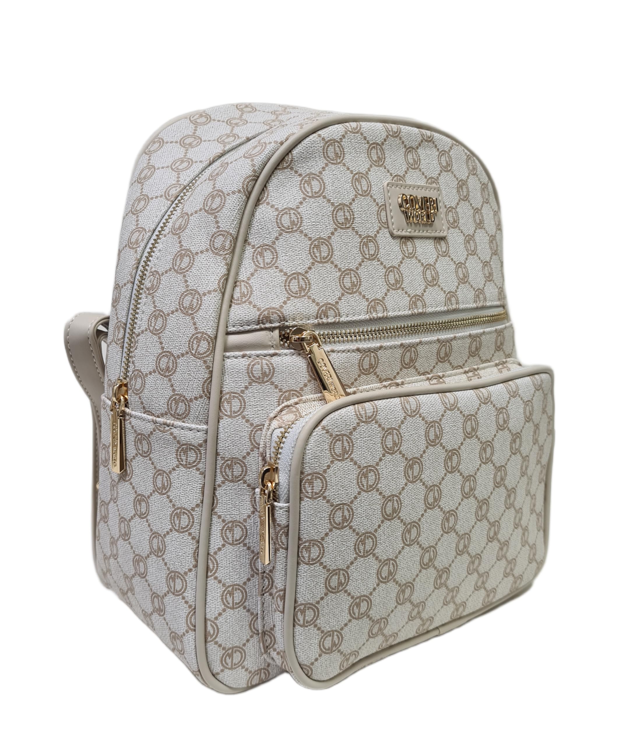 COVERI COLLECTION Zaino Donna Elegante, Stampa Logo Monogram, Pelle Sintetica, Dimensioni 28x12x32 cm, Due Tasche Frontali e Una posteriore, Tracolle Regolabile, Art. 4067 (BEIGE)