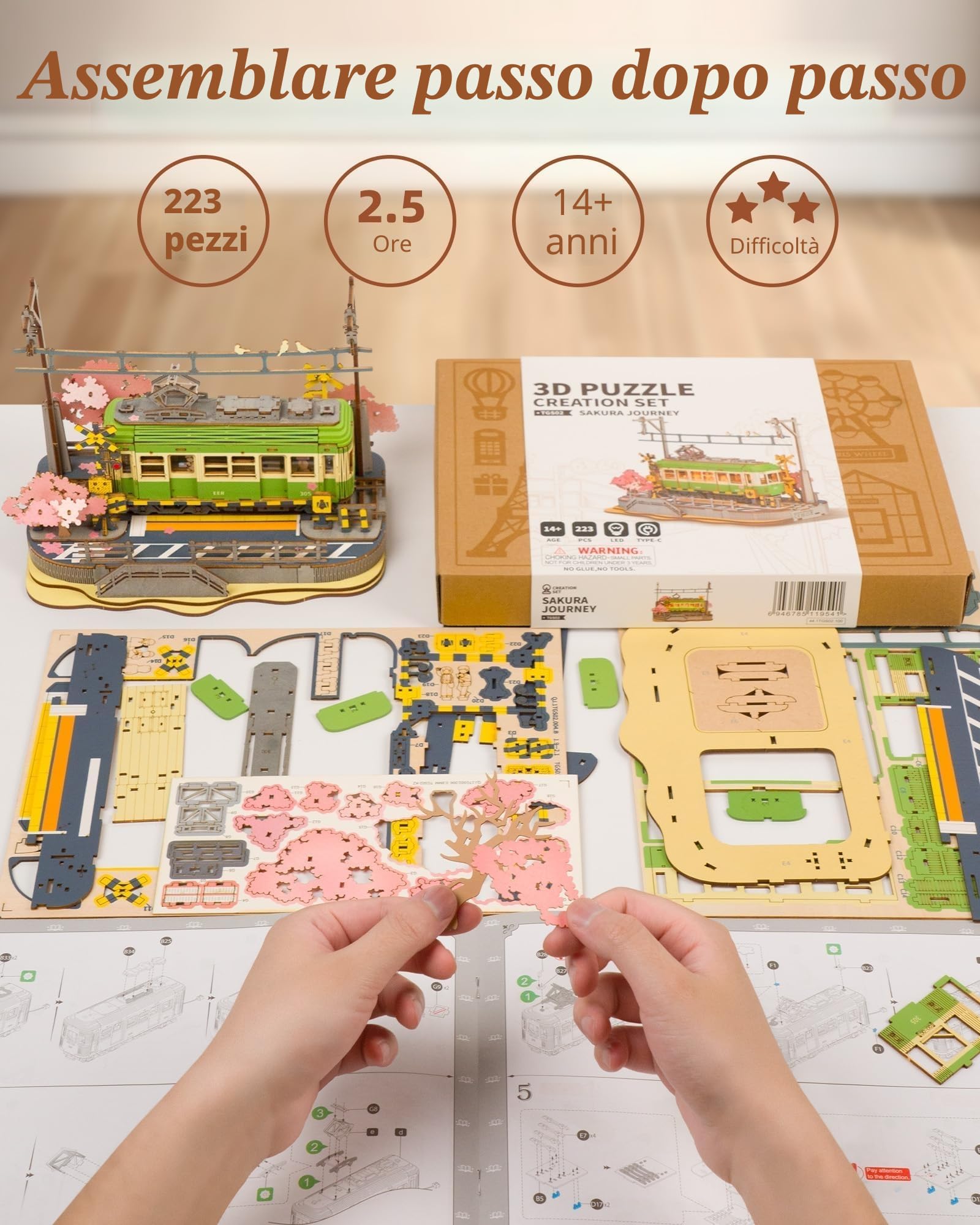 ROWOOD Viaggio Nei Sakura Puzzle Legno 3D, Kit Modello in Legno Da Costruire Per Adulti, Kit Fai Da Te Per Costruire Tram Giapponesi Sakura, Ideale Come Regalo Di Natale E Compleanno
