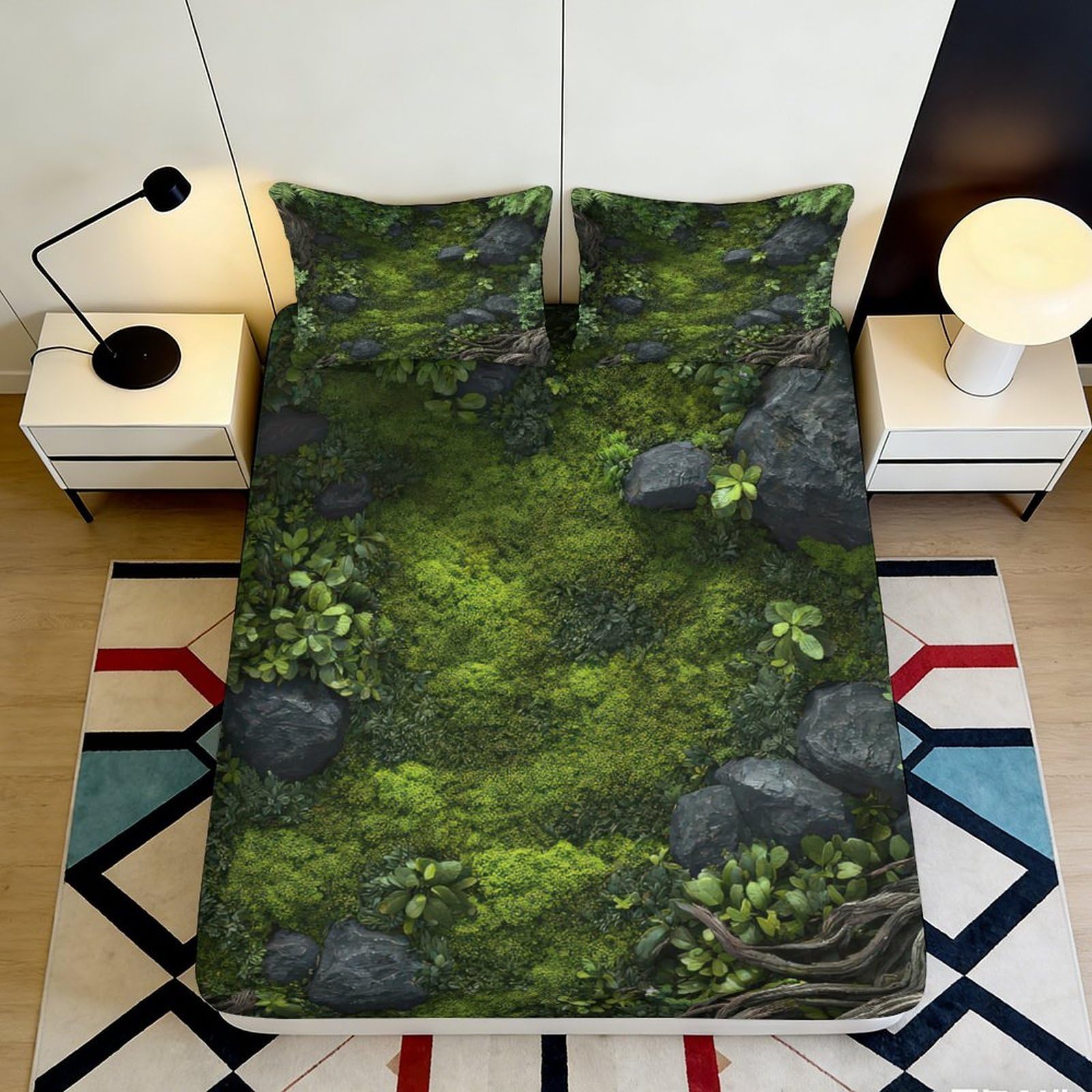 3D Printed Moss Forest Fitted Sheet Microfiber Soft Green Rock River Mattress Cover for Bedroom Dorm Mattress Protection Decor 90x200x25cm