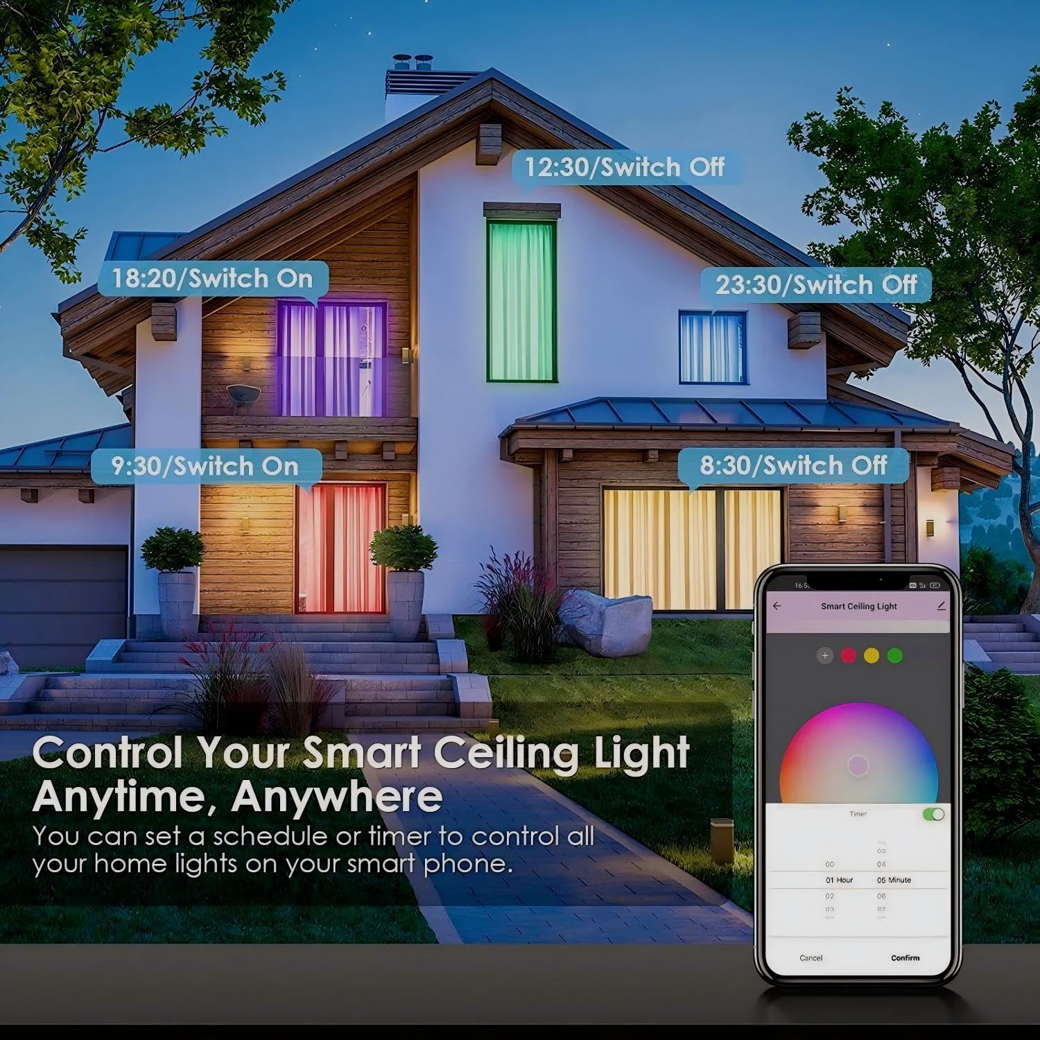 Lampada da Soffitto LED Intelligente 24W Dimmerabile, RGB+CCT 2700K-6500K, Compatibile Alexa/Google, IP54 Impermeabile, Timer, Modalità Musica, Luce Notturna per Casa