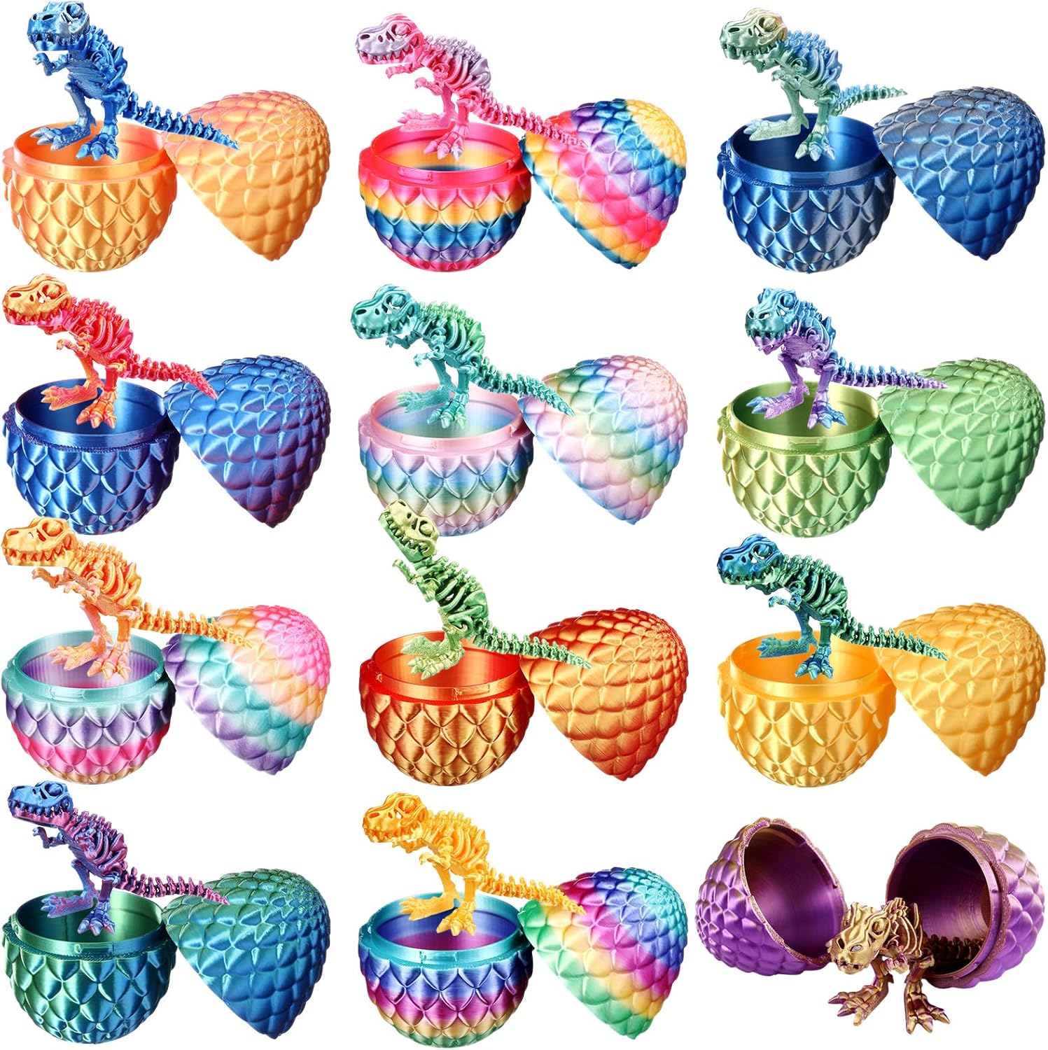 Honoson 12 Set 3D Printed Animals with Dragon Eggs 3D Printed Dragon Eggs Flexible Articulated Mini Animal Figurines Desk Pets for Party Favor Home Decor Easter Basket Stuffers(Tyrannosaurus Rex)