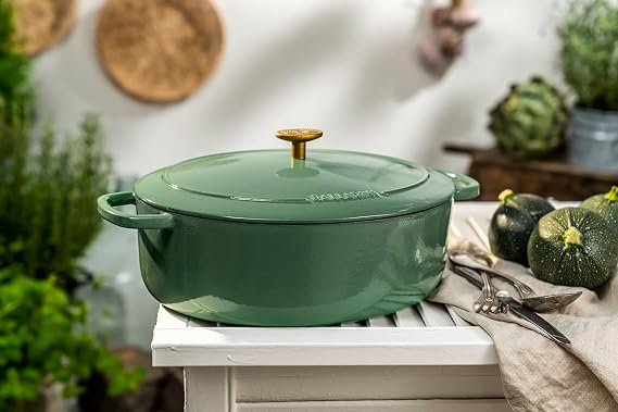 BALLARINI Bellamonte Cocotte Enamel Cast Iron Cooker, Oval, 31 cm, 5.5 L, Green