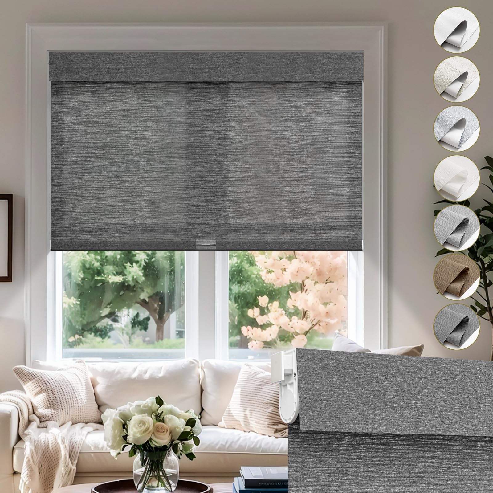 Moonice No Drill No Tools Cordless Roller Blinds for Windows Light Filtering Shades Valance Jacquard Linen Fabric Room darkening shade Privacy Blind for Home Bathroom(Grey,110cm W x 165cm H)