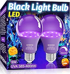 Pacote de 2 Lâmpadas Led Pretas A19, Lâmpada de Luz Negra Regulável de 9 W (Equivalente A 100 W), Base E26 110 V, Nível Uva 385-400 Nm, Brilho No Escuro para Festa de Luzes Negras, Pintura Corp