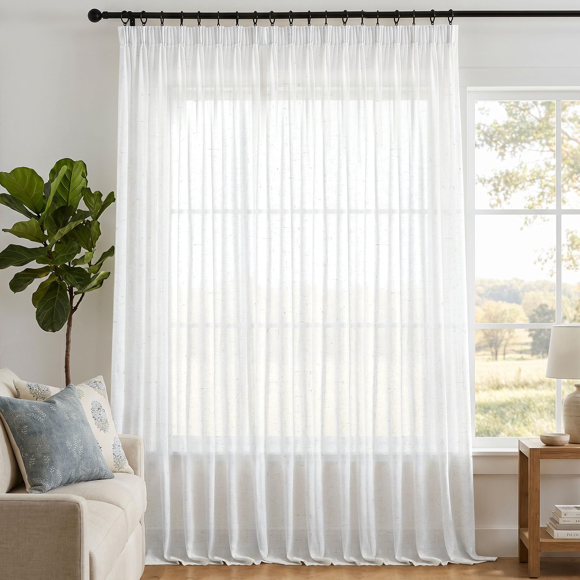 Deconovo Tende per Interni Effetto Lino con Fettuccia, Tende Velate Trasparenti Filtranti per Soggiorno e Camera da Letto, 1 Pannello 300 x 245 cm, OEKO-TEX® STANDARD 100, Bianco Lino
