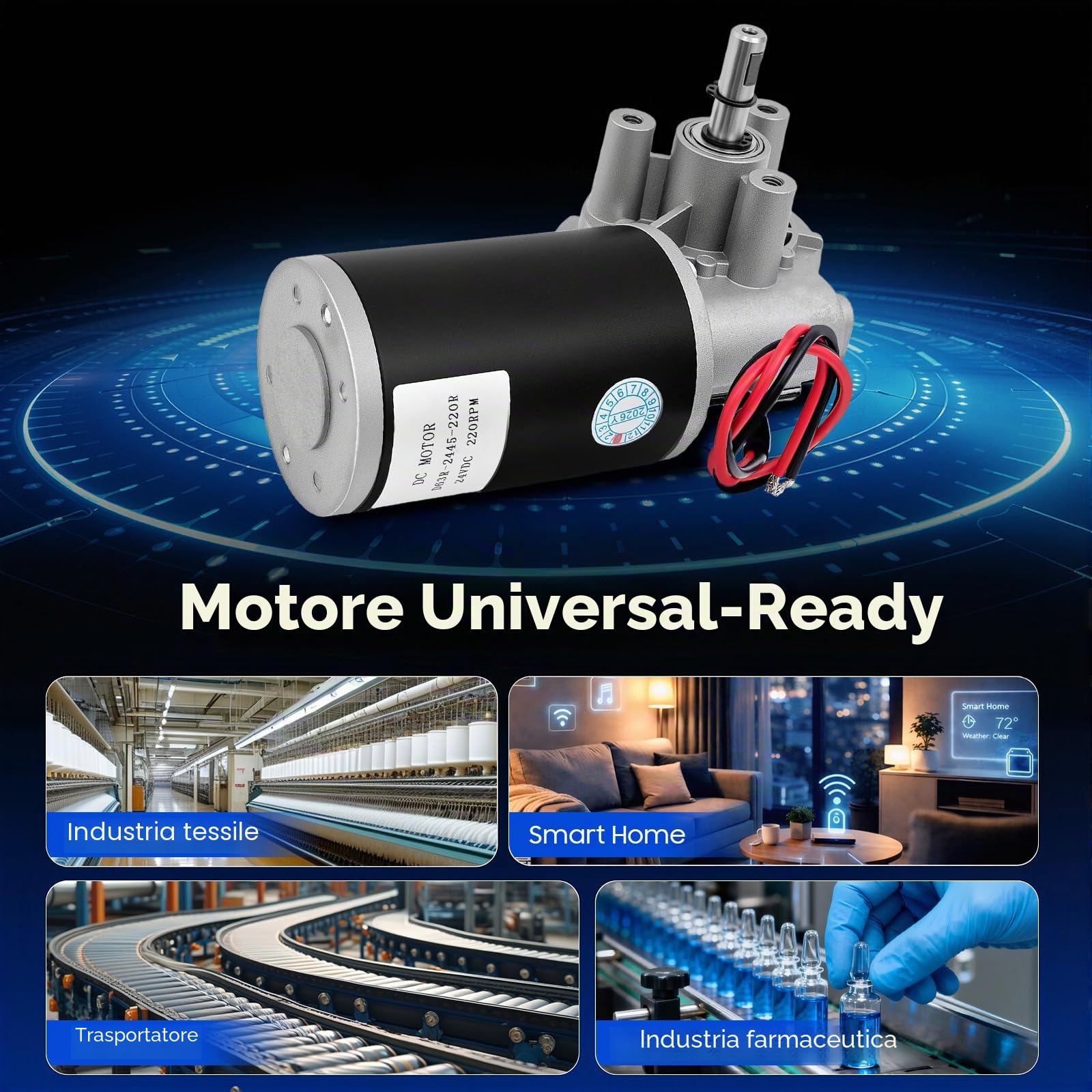 Motoriduttore 24V CC, 45W Motore Tergicristallo, 220 Giri/min a Vuoto, Alta Coppia, 3:60 Rapporto di Riduzione, Motore a Vite Senza Fine per Cancelli di Parcheggi, Porte e Finestre Automatiche
