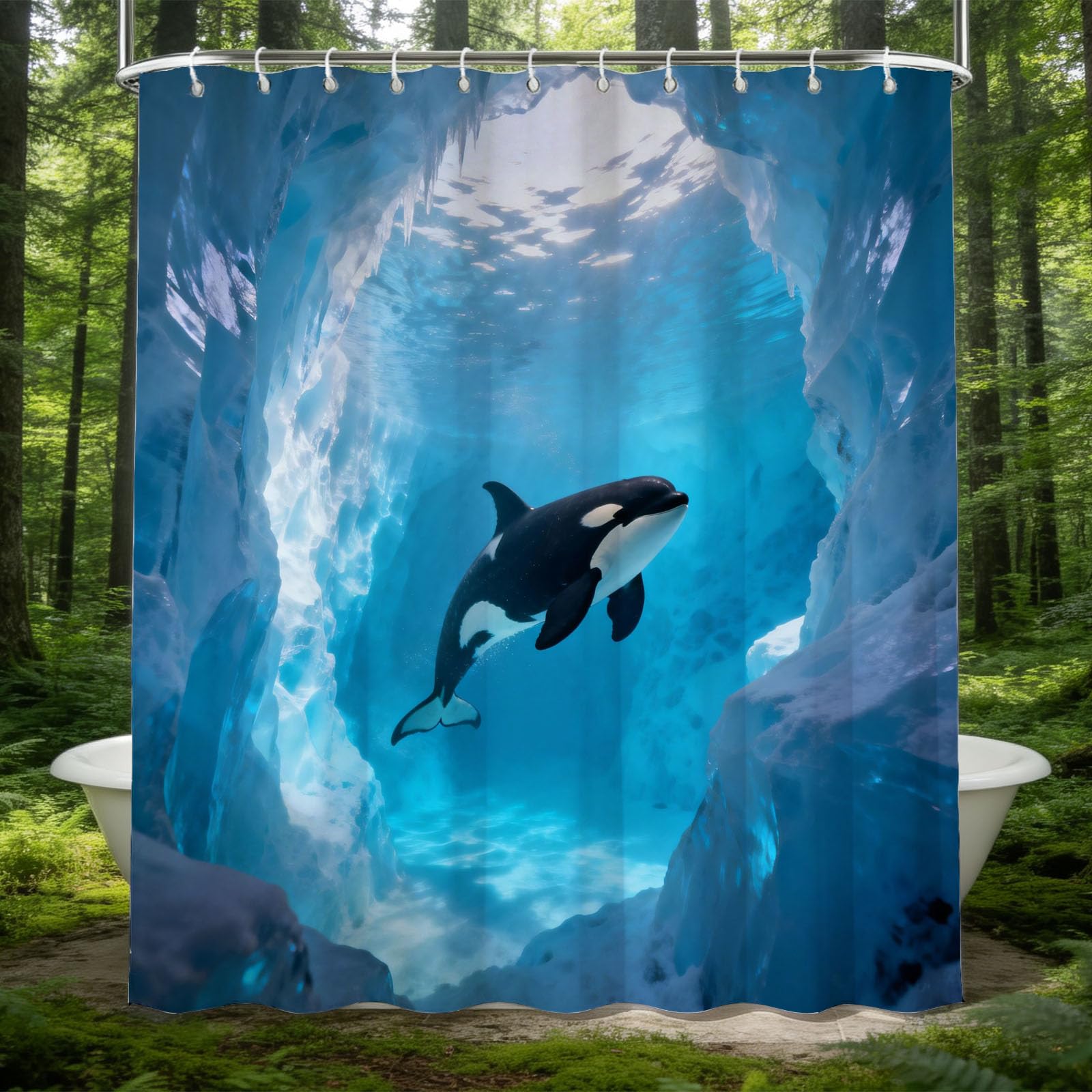 Hongduo 3D Orca Shower Curtain for Stalls Bathtubs Sea Animal Pattern Bathroom Decor Shower Curtain Set Polyester Fabric Waterproof 180x180cm/71X71 Inch with Hooks