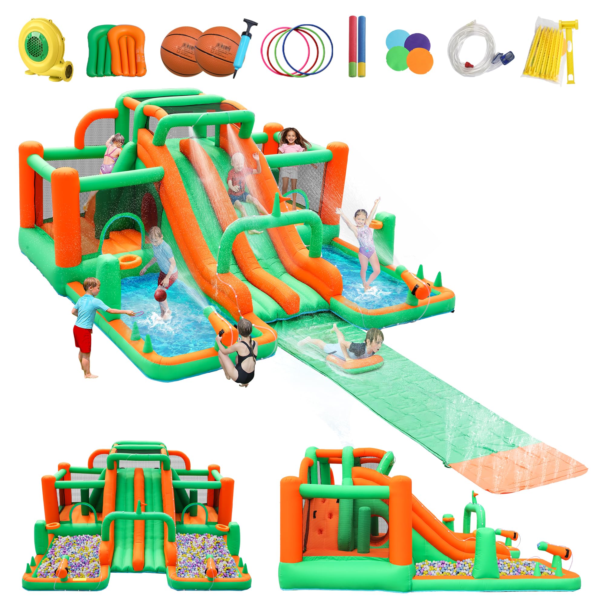 Condition photo showing New/Like New for doctor dolphin 10-in-1 water slide for kids, double racing slides & 2 bounce houses, 20ft long runway with 2 surfboards, backyard blow up water park with 750w blower, durable summer outdoor party toy