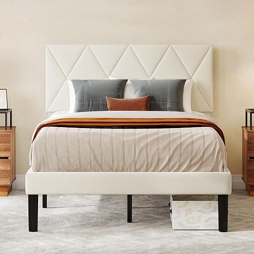 DWVO Base de cama Queen con cabecera ajustable, plataforma tapizada de 14 pulgadas con soporte de listones de madera resistente, soporta hasta 1000