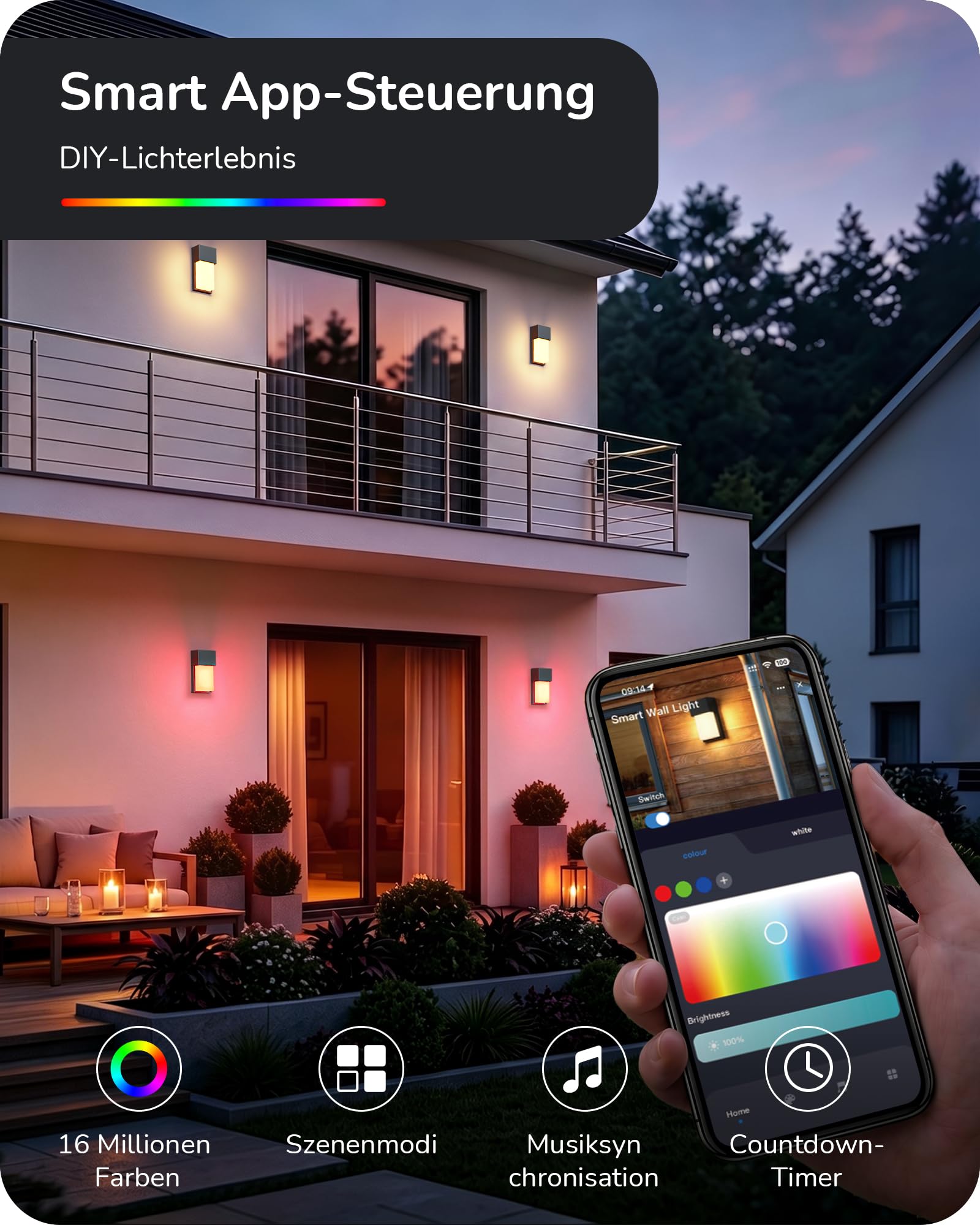 EDISHINE Smart Außenwandleuchte RGBCW, App-Steuerung, IP65 wasserdicht