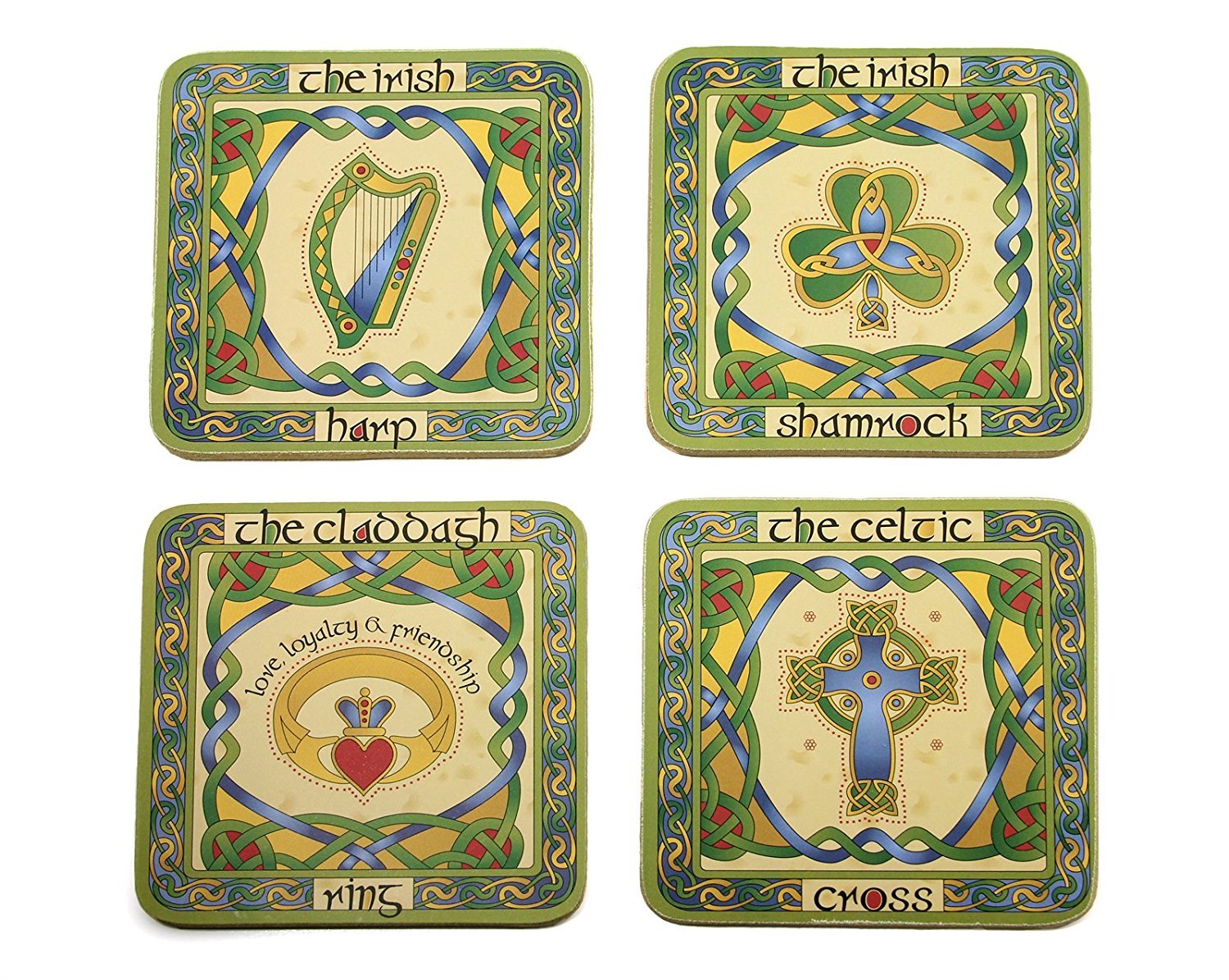 Royal Tara Green/Cream Cork Base Coasters Set Of 4 With Shamrock, Claddagh Ring, Celtic High Cross And Irish Harp Design (10.5 X 10.5 Cm)
