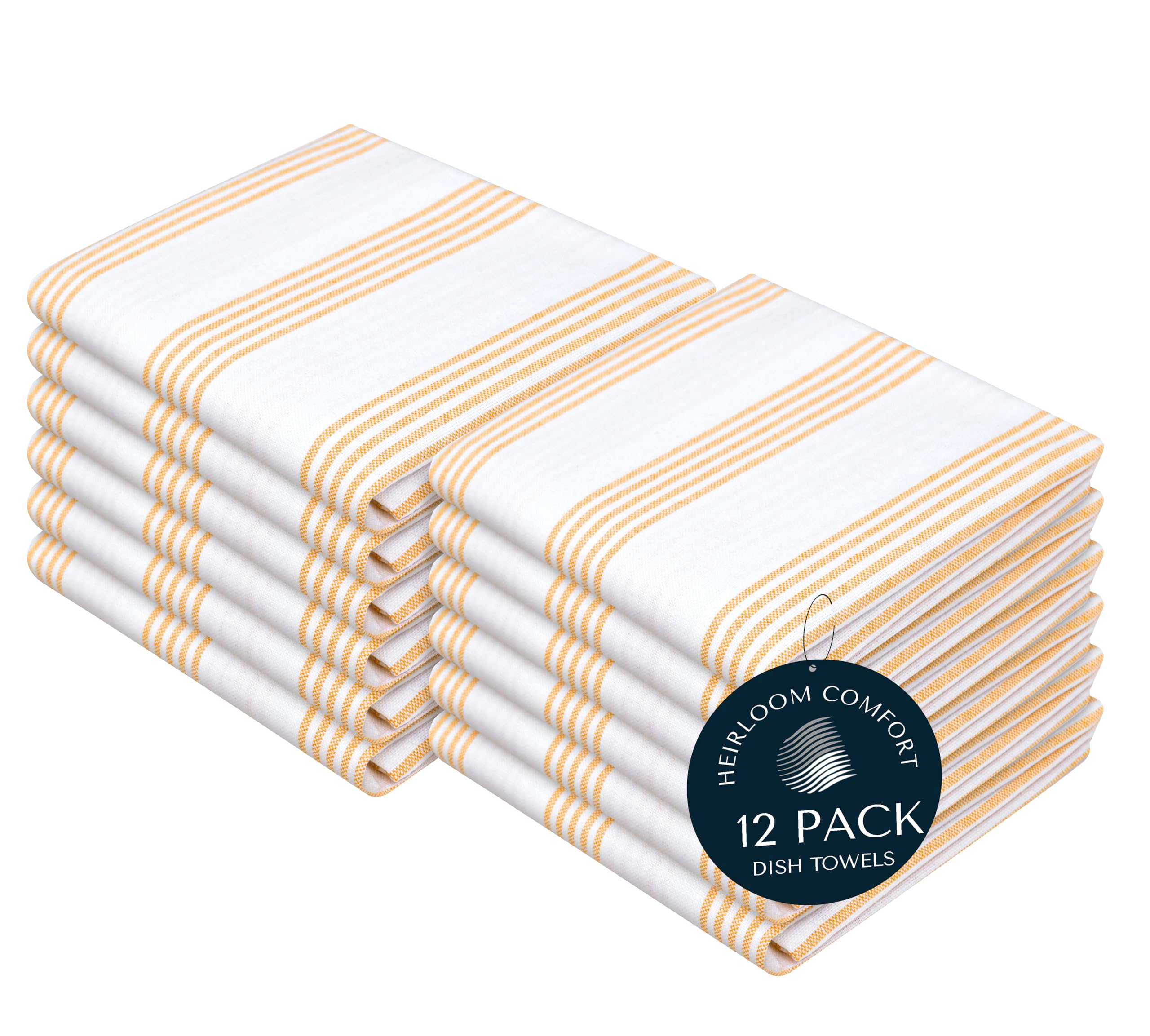 HEIRLOOM COMFORT Mustard Yellow Striped Dish Towels 12 Pack, Ultra Absorbent, Multi Pin Stripe Towel Set, Quick Dry Cotton Kitchen Towels for Cleaning Counters, Drying Dishes, Everyday Cleanup