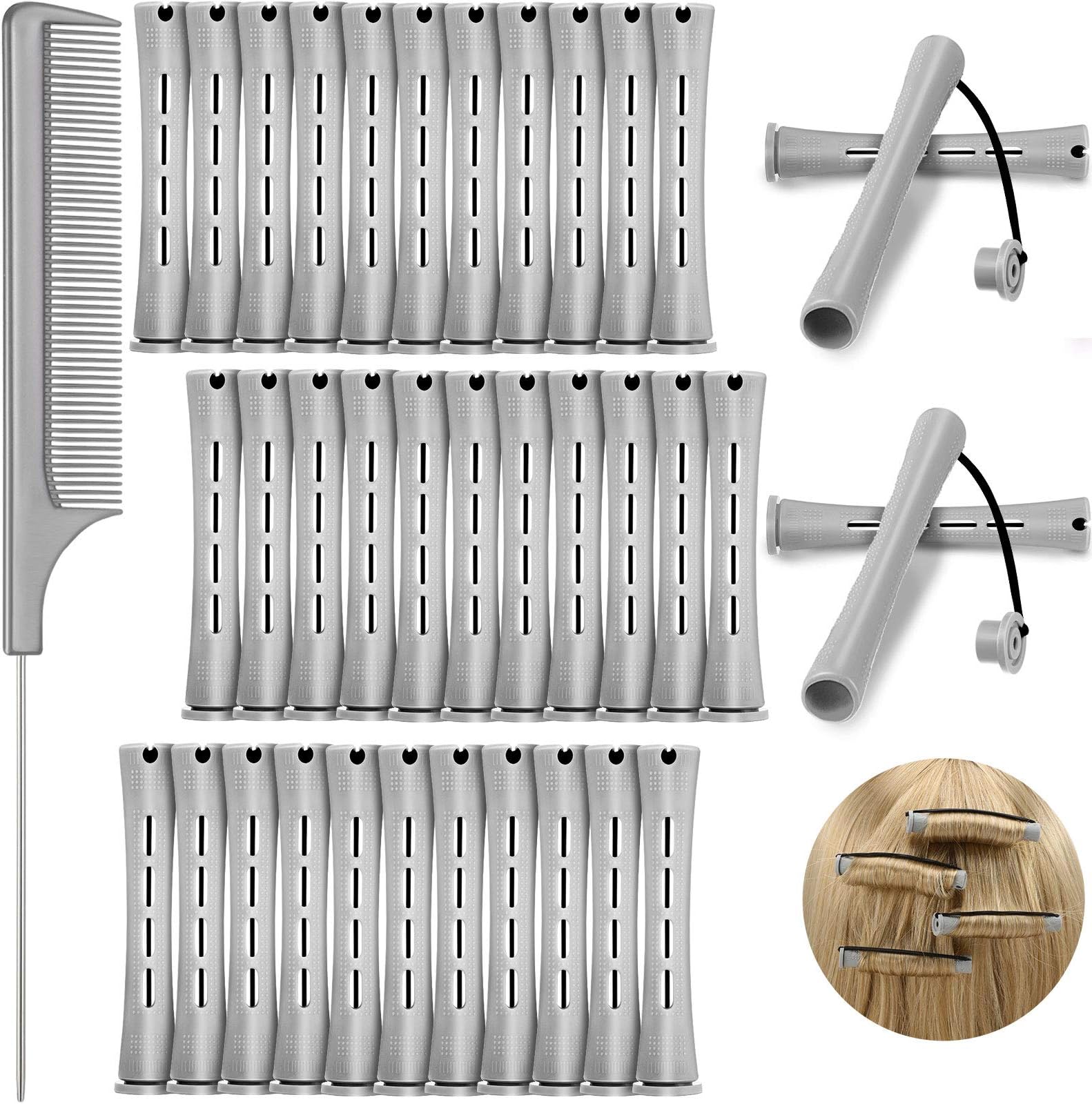 WILLBOND 36 Pieces Cold Wave Rod, Hair Perm Rods Hair Rollers Perming Rods Curlers with Steel Rat Tail Comb for Hairdressing Styling (Gray,0.59 Inch)