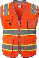 Vista 11 de JKSafety - Chaleco de seguridad azul con cremallera frontal de alta visibilidad, 9 bolsillos, azul con tiras reflectantes de doble tono, estándares
