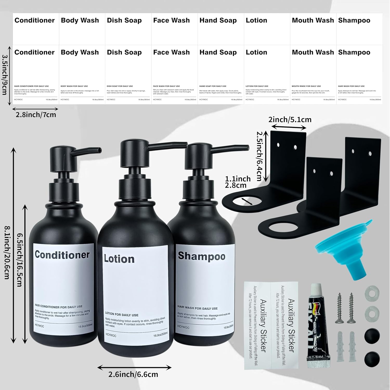 3 Pack Wall Mount Shower Dispenser, No Drill, 16 Waterproof Labels image 3