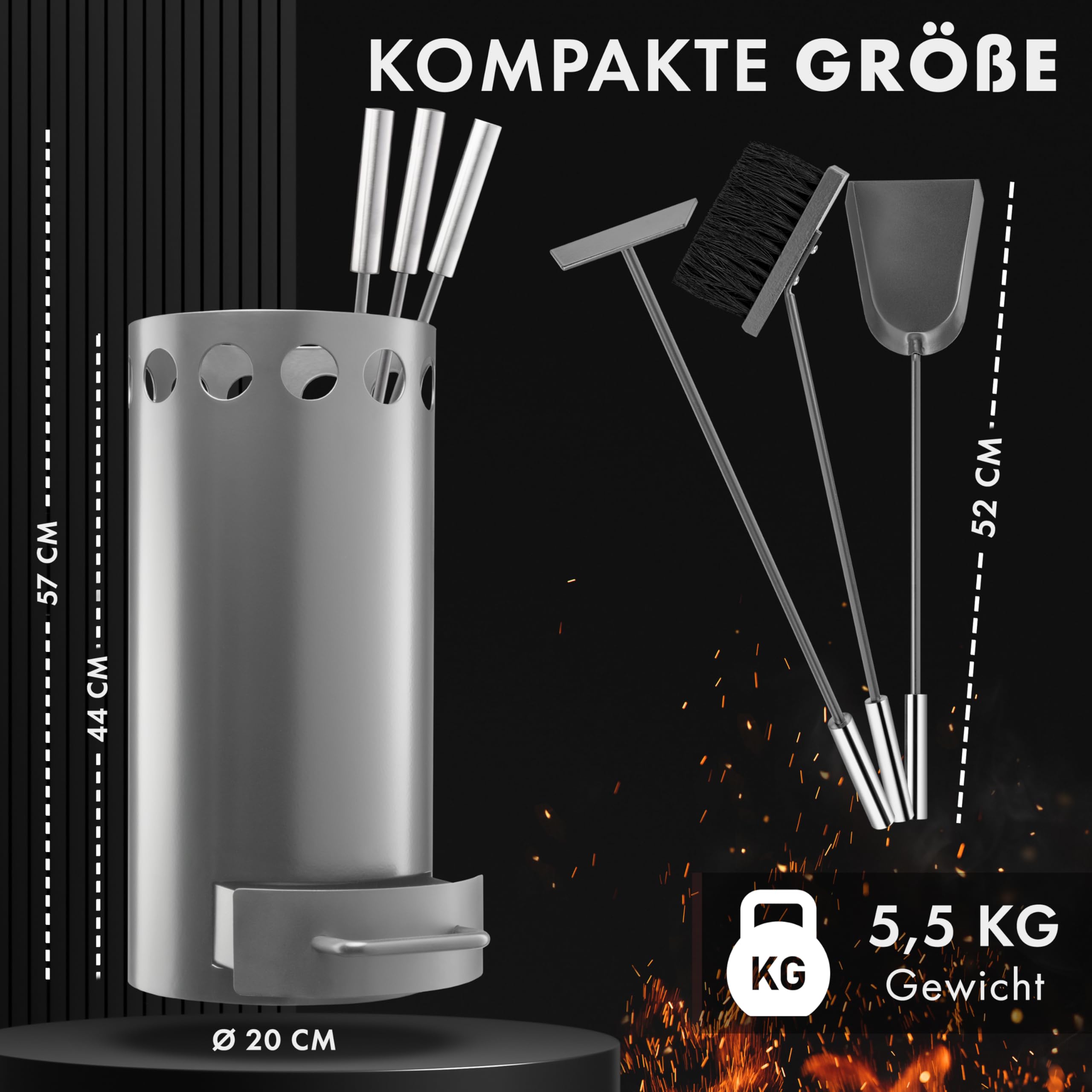 Kaminbesteck grau mit Schublade. 3-teilige Kamingarnitur mit Schürhaken, Ascheschaufel und Kaminbesen. Modernes Design. Ofenbesteck inkl. Ofen Zubehör. Kaminofen Zubehör. Kamin | Drei Eichen