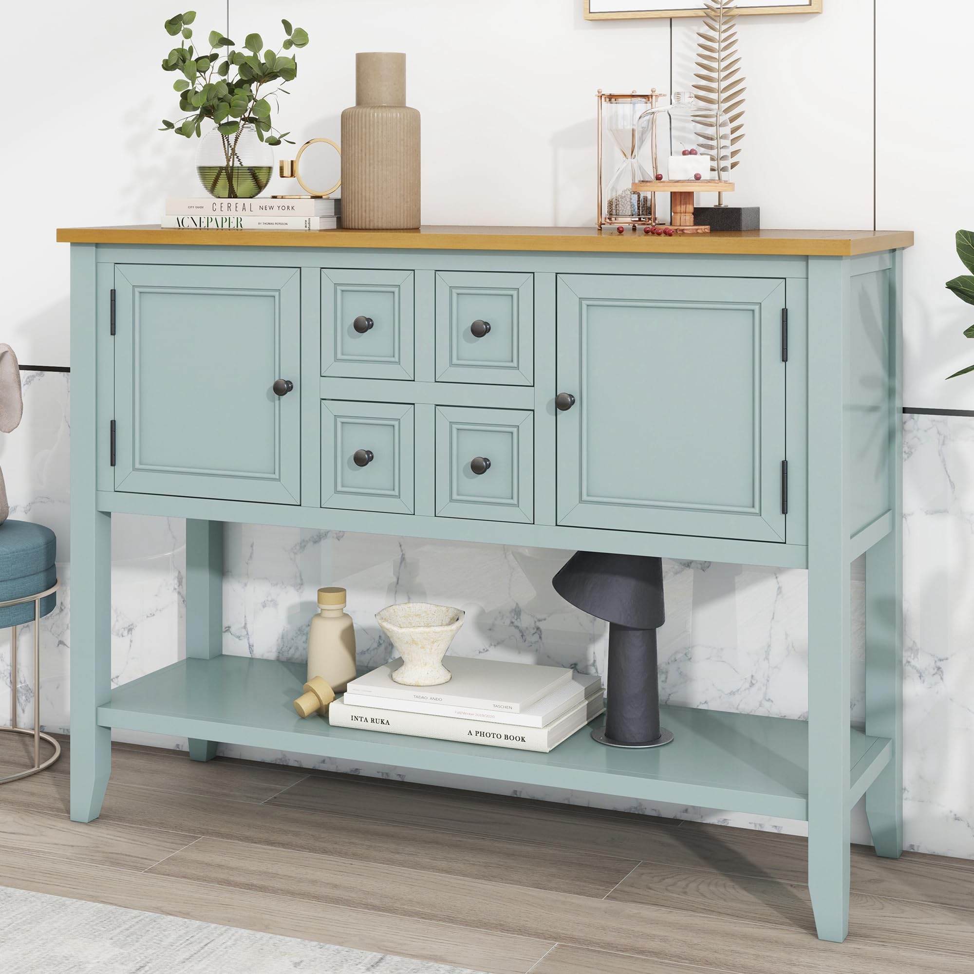 P PURLOVE Console Table Buffet Sideboard Sofa Table with Storage Drawers Cabinets and Bottom Shelf (Lime White)