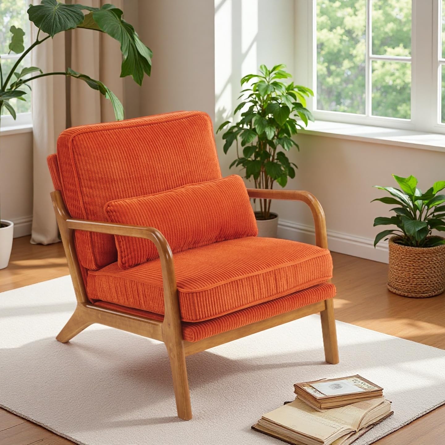 Bonnlo Accent Chair, Soild Wood Padding Lounge Armchairs, Occasional Reading Chair with Cushions and Lumbar Pillow, Armchairs for Living Room, Bedroom, Guest Room, Corduroy, Orange