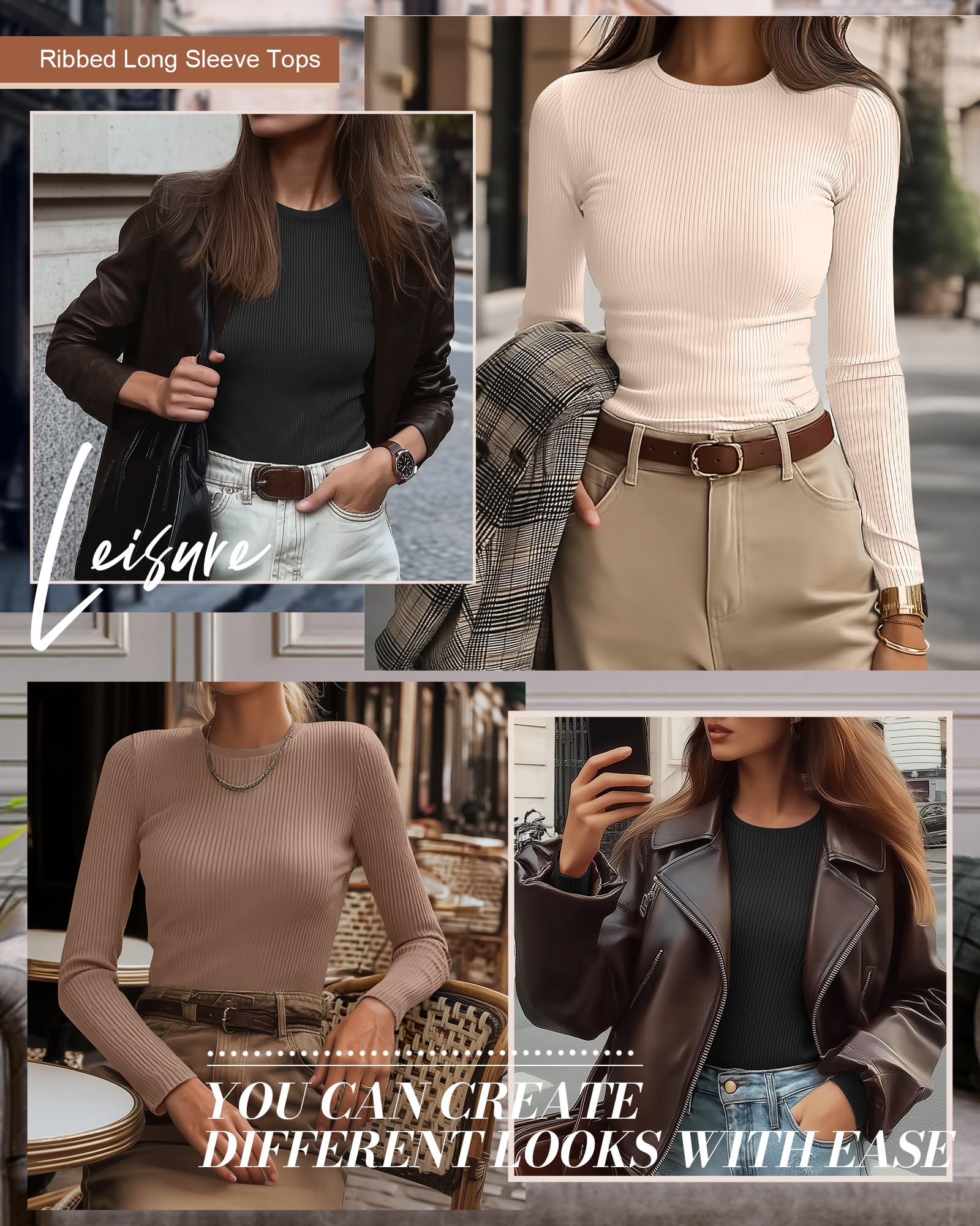 Ficerd - Confezione da 3 Maglie a Maniche Lunghe da Donna, t-Shirt Slim Fit con Scollo Rotondo e Top Casual in Maglia a Coste
