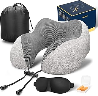 MLVOC Travel Pillow 100% Pure Memory Foam Neck Pillow, Comfortable & Breathable Cover, Machine Washable, Airplane Travel Kit with 3D Sleep Mask, Earplugs, and Luxury Bag,Standard (Grey)