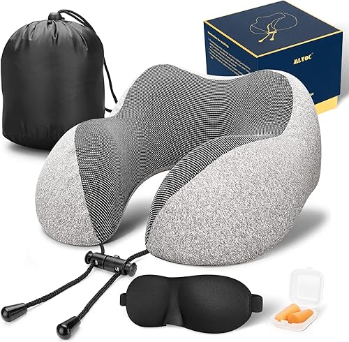 Miniatura 8 de MLVOC Almohada de viaje 100  pura espuma viscoelástica funda cómoda y transpirable lavable a máquina kit de viaje en avión con máscaras de ojos