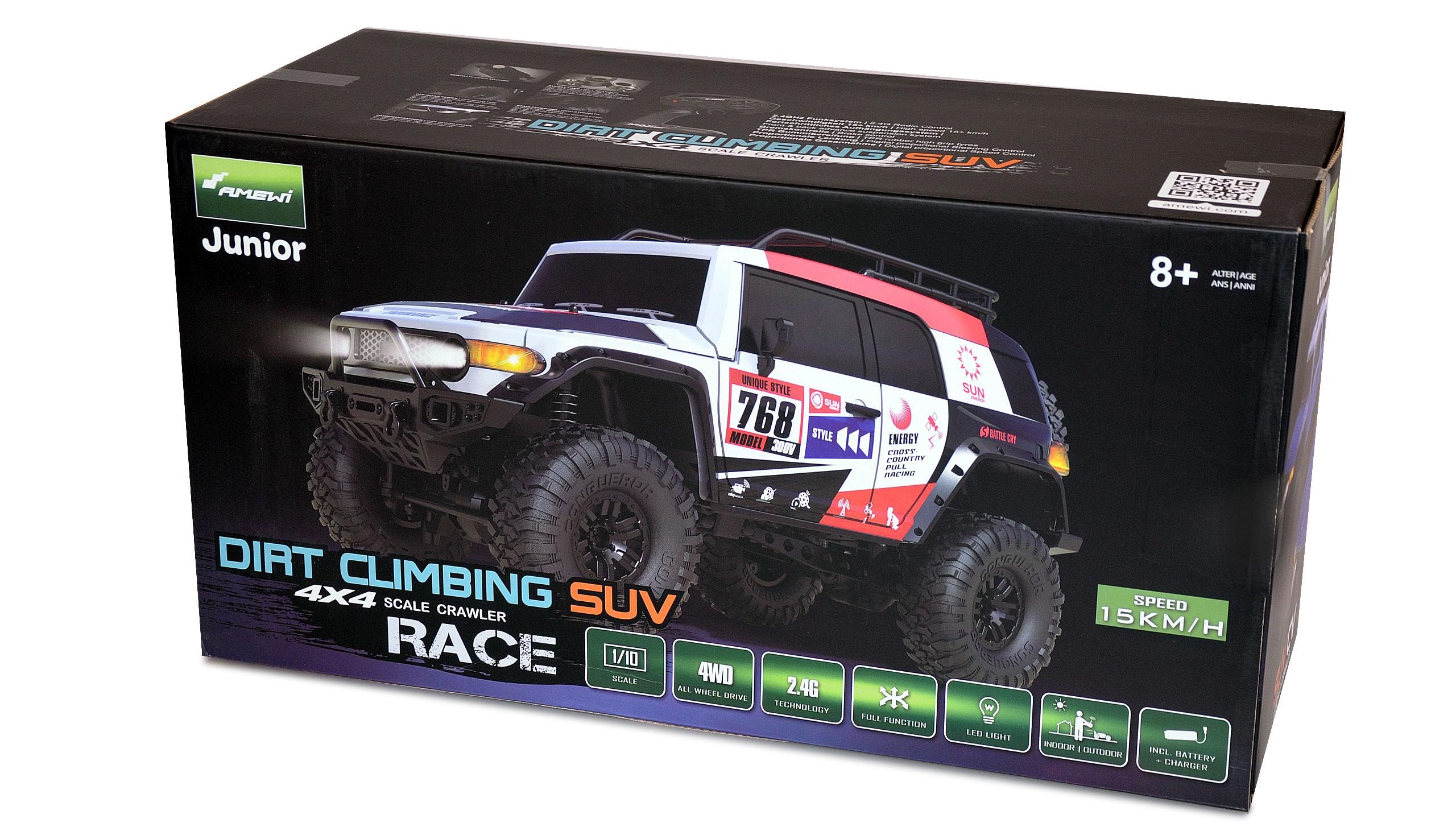 Amewi 22592 Dirt Climbing SUV Race Crawler 4WD 1:10 RTR biały/czerwony, w zestawie pilot zdalnego sterowania, akumulator, kabel do ładowania