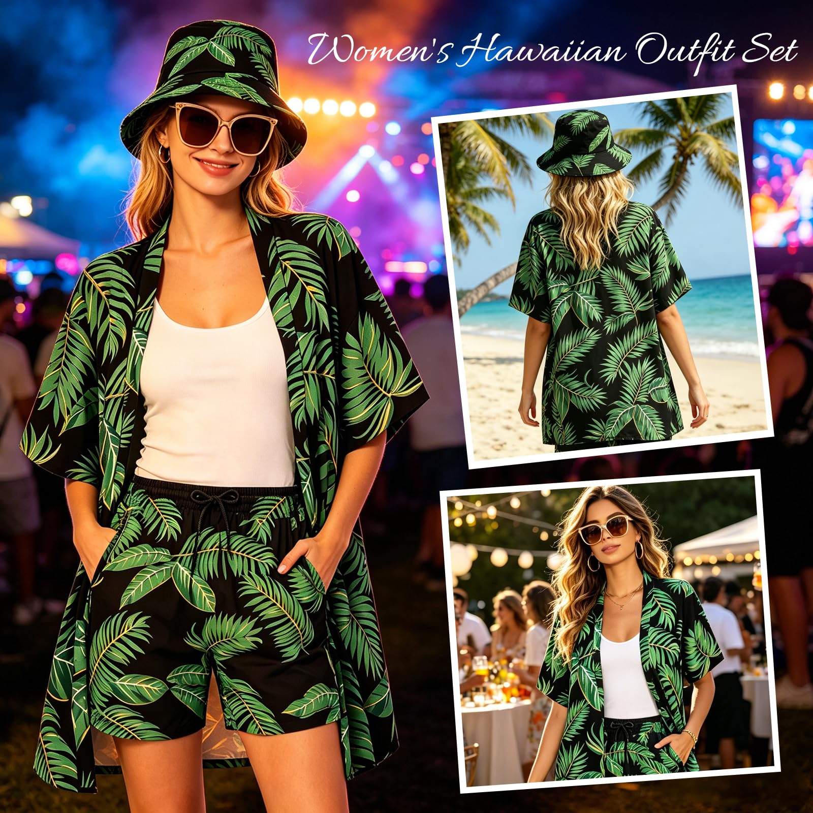 Camisa Hawaiana Mujer, Conjuntos de Verano para Mujer Camisa de Manga Corta, Pantalones Cortos, Sombrero y Gafas de Sol, Conjunto Hawaiano Mujers para Veraniego Tropical Estilo