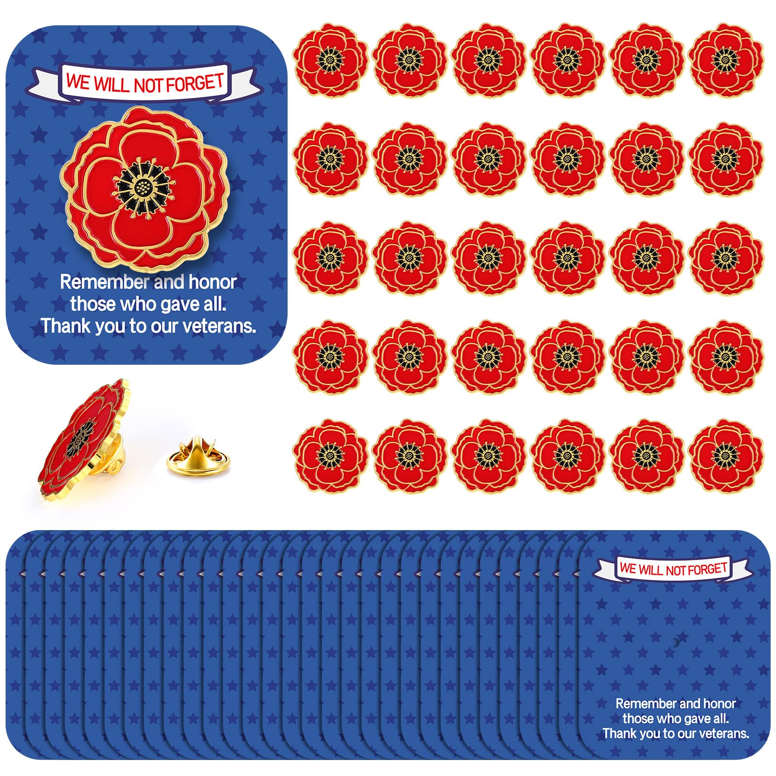 30 Sets Poppy Pins for Memorial Day Poppy Pins on Card Poppies Flower with Cards Bulk Memorial Day